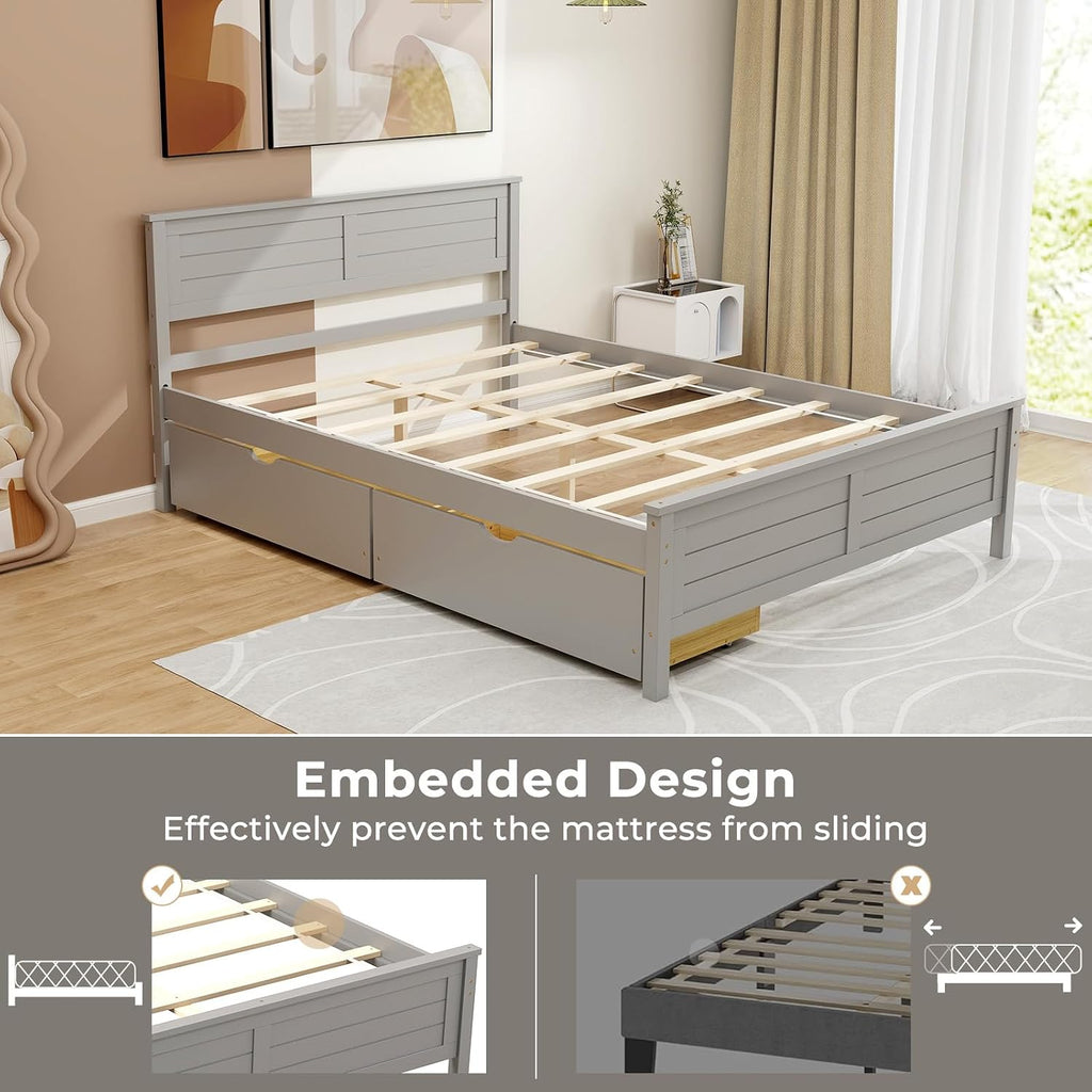 Giantex Wood Full Size Bed Frame with 2 Storage Drawers, Solid Wood Platform Bed with Headboard, Wooden Slats Mattress Foundation, No Spring Needed, Full Bed Frame for Kids, Teens, Adults, Grey