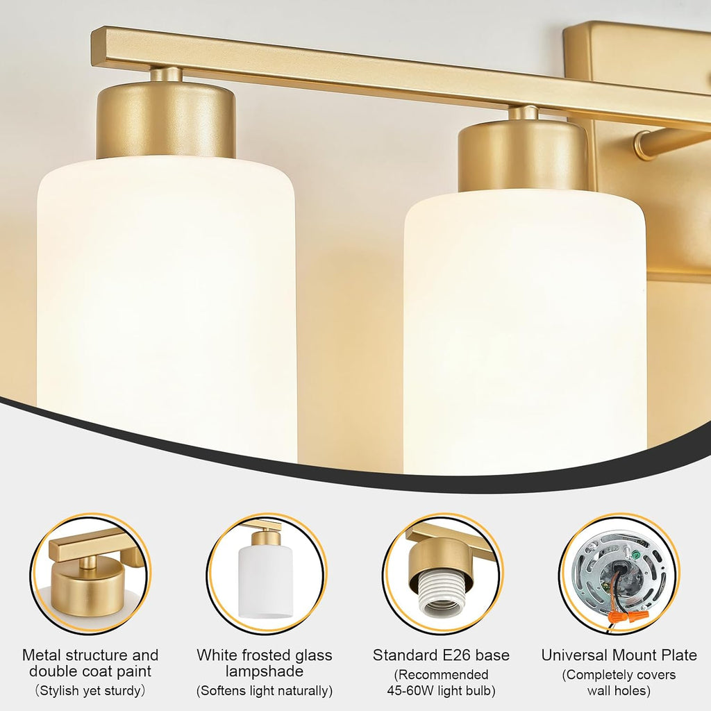 FonmYim Gold Bathroom Light Fixtures, 5-Light Modern Vanity Light Over Mirror, Wall Sconces with Milky White Frosted Glass Shades, E26 Socket (Bulbs Not Included)