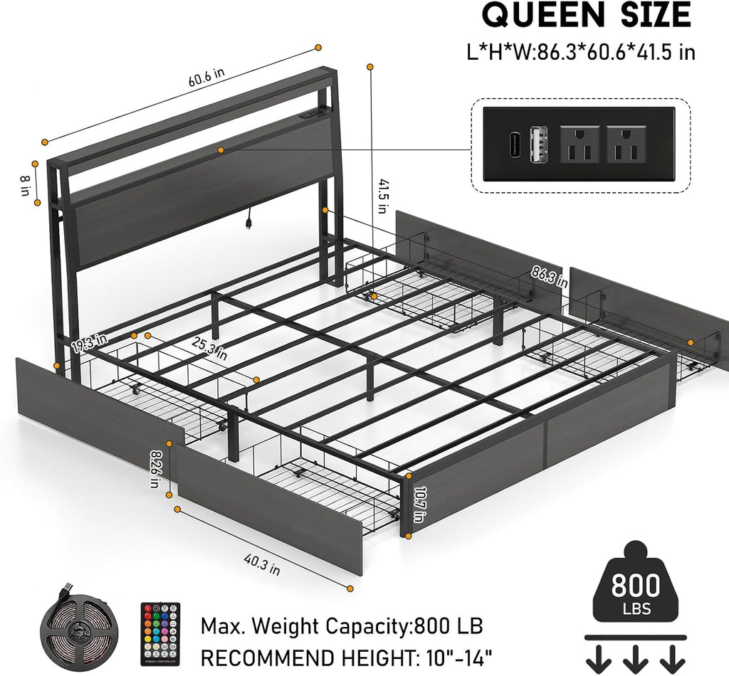 Queen Bed Frame with 2-Tier Storage Headboard and 4 Drawers, Metal Platform Bed Frame with LED & Charging Station, No Box Spring Needed/Noise Free/Easy Assembly, Rustic Grey