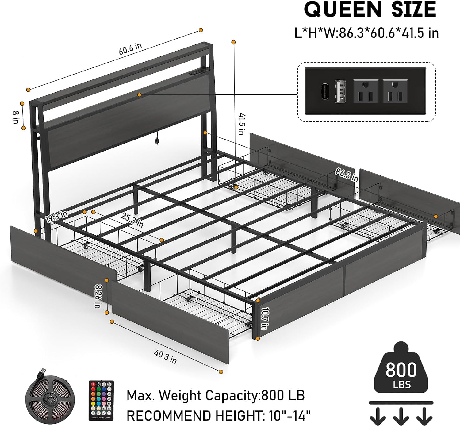 Queen Bed Frame with 2-Tier Storage Headboard and 4 Drawers, Metal Platform Bed Frame with LED & Charging Station, No Box Spring Needed/Noise Free/Easy Assembly, Rustic Grey
