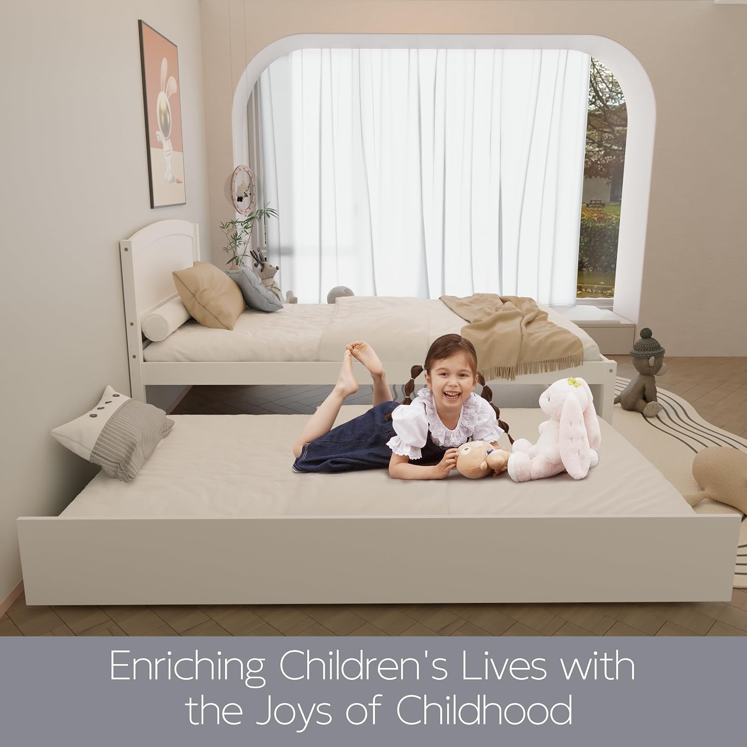 Xilingol Trundle Bed Twin, Solid Wood Bed Frames with Headboard and Wooden Slats Support, Twin Trundle Bed Frame Roll Out, Single Box (No Box Spring Needed), White