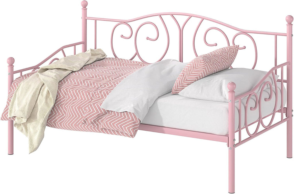 VECELO Metal Daybed Frame Multifunctional Platform Bed Sofa Mattress Foundation with Classic Headboard, Twin, Pink