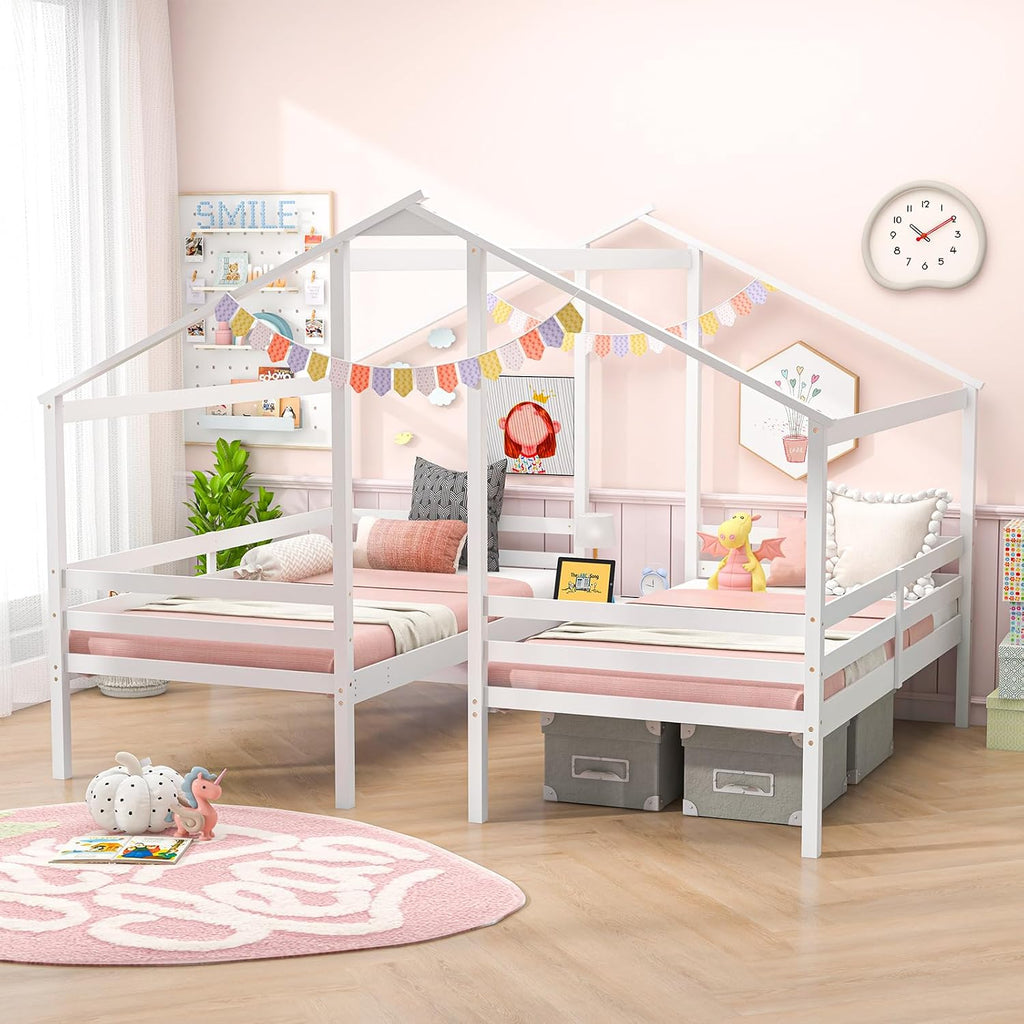 Giantex Double Twin Bed Frames for Kids, Wood House Shaped Platform with Built-in Nightstand & USB Port, 2 Shared Beds for Teens, Boys & Girls, White