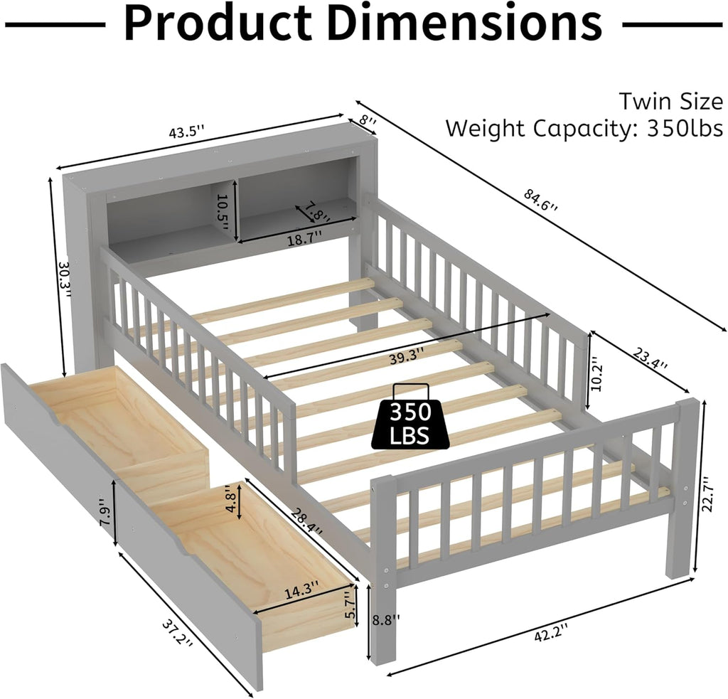VilroCaz Wood Twin Size Platform Bed with Safety Fence for Kids Boys Girls, Platform Bed Frame with Practical Headboard and 2 Under-Bed Drawers, Sturdy Slats Support (Gray-3.15)