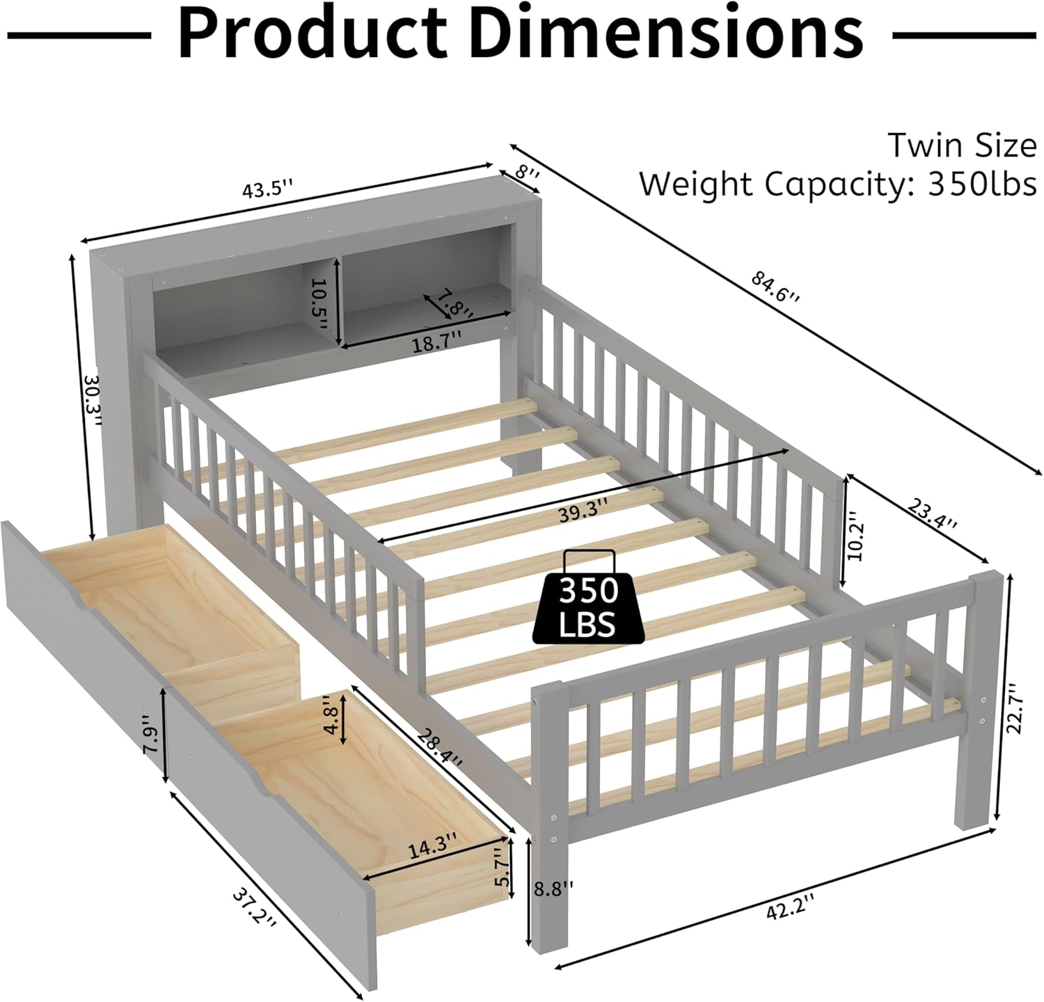 VilroCaz Wood Twin Size Platform Bed with Safety Fence for Kids Boys Girls, Platform Bed Frame with Practical Headboard and 2 Under-Bed Drawers, Sturdy Slats Support (Gray-3.15)