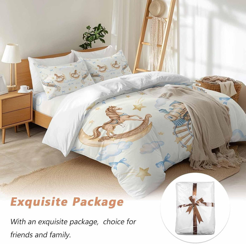 Horses Stars Duvet Cover Set Queen Size 4 Pieces Trains Rail Orbits Cloud Moon Blue Bow Yellow Bedding Set with Zipper Closure, 1 Comforter Cover 90x92 Inches 1 Flat Sheet & 2 Pillow Cases