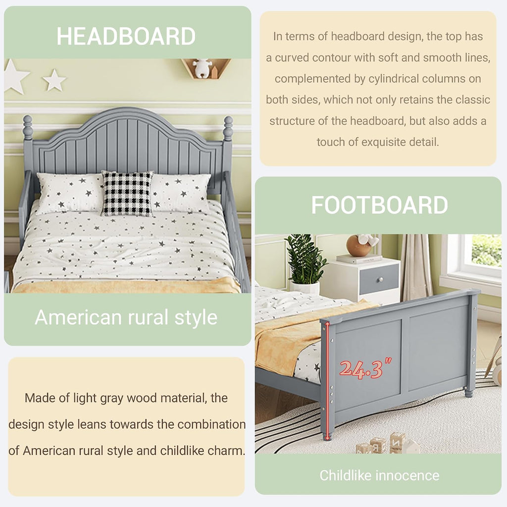 Twin Kids Bed Frame with Full-Length Guardrails, Low Profile Wood Platform Bed with Headboard & Footboard, Removable Safety Rails, 6.7' Under-Bed Storage, Roman Column Design, Twin Size, Gray