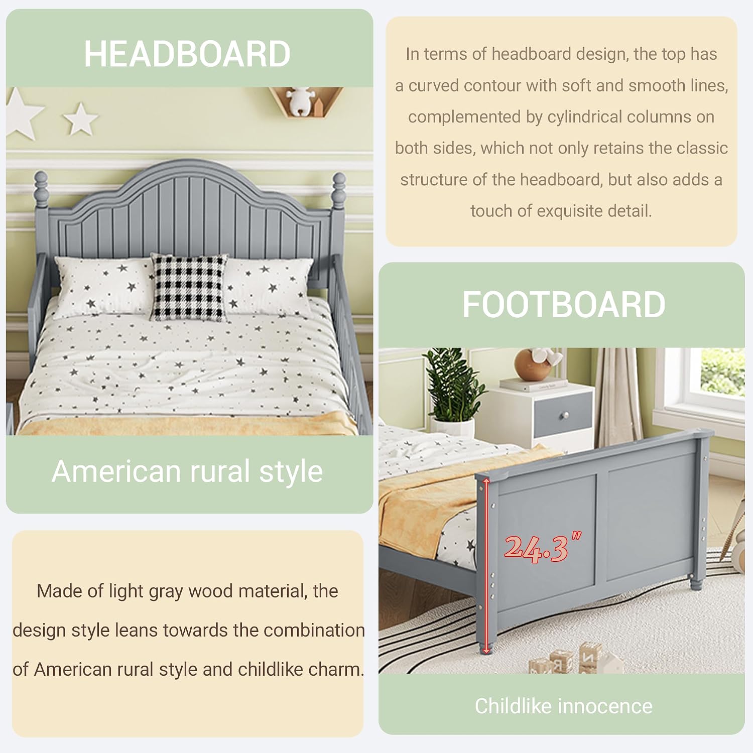 Twin Kids Bed Frame with Full-Length Guardrails, Low Profile Wood Platform Bed with Headboard & Footboard, Removable Safety Rails, 6.7' Under-Bed Storage, Roman Column Design, Twin Size, Gray