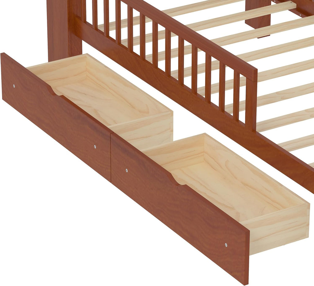 VilroCaz Wood Twin Size Platform Bed with Safety Fence for Kids Boys Girls, Platform Bed Frame with Practical Headboard and 2 Under-Bed Drawers, Sturdy Slats Support (Walnut-3.15)