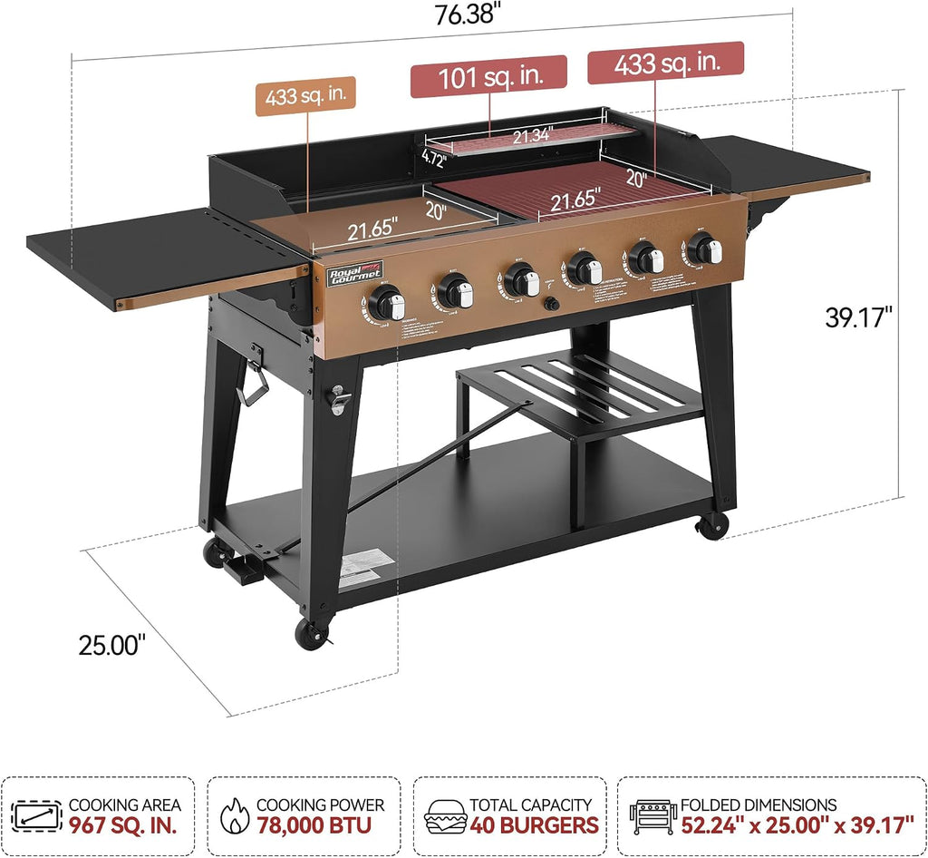 GD601Y 6-Burner Gas Grill and Griddle Combo, Large Cooking Capacity Propane Grill & Griddle 2-in-1, 78,000 BTU Output for Back Yard, Garden, Family Party, BBQ, Yellow