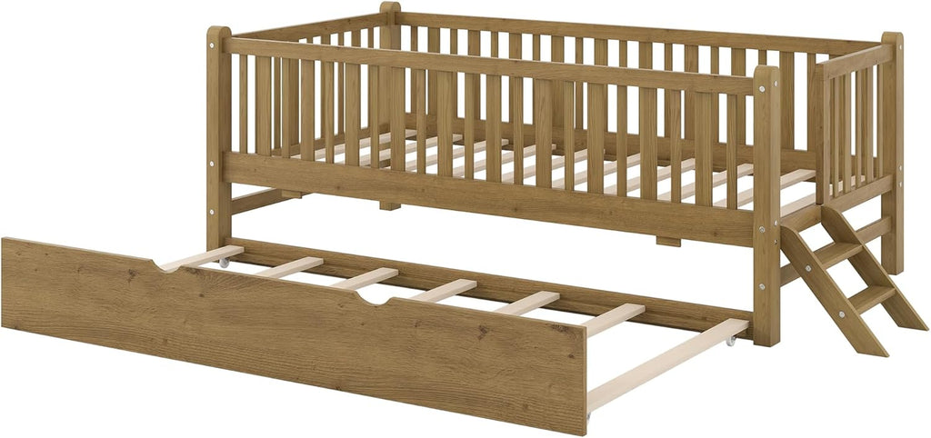 VilroCaz Twin Size Platform Bed with Guardrail and Trundle, Wood Kids Platform Bed Frame with Two-Step Ladder for Boys Girls, Sturdy Slats Support (Walnut-1.26T)