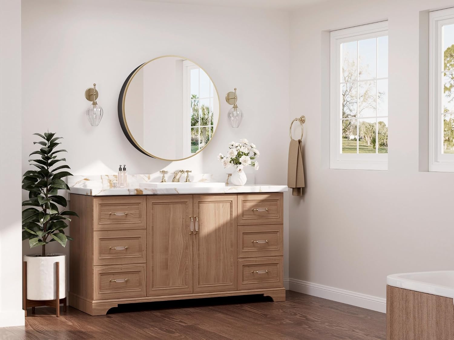 TETOTE Gold Round Bathroom Medicine Cabinet with Mirror 24 x 24 Metal Framed Medicine Cabinet with Storage Adjustable Shelves Farmhouse Wall Mirror with Storage Surface Mounted