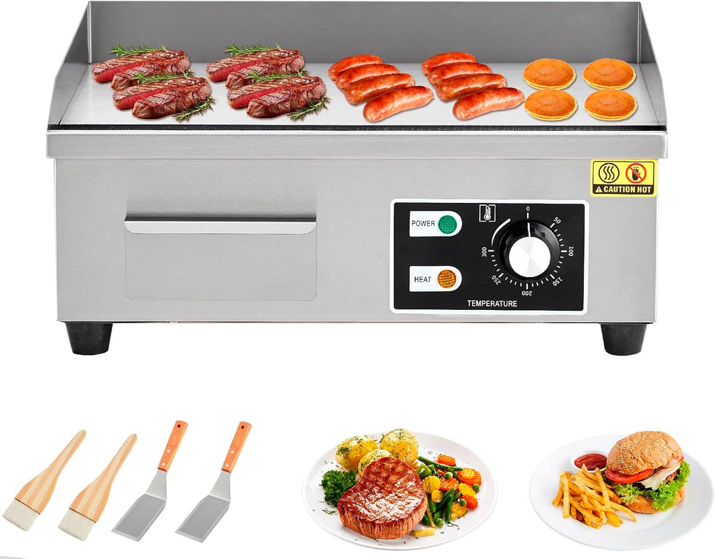 Takywep 18' Commercial Electric Griddle, Stainless Steel Countertop Griddle, Electric Flat Top Grill With Shovel Brush, Restaurant Teppanyaki Grill Cooking Equipment, Temperature Control 50°C - 300°C