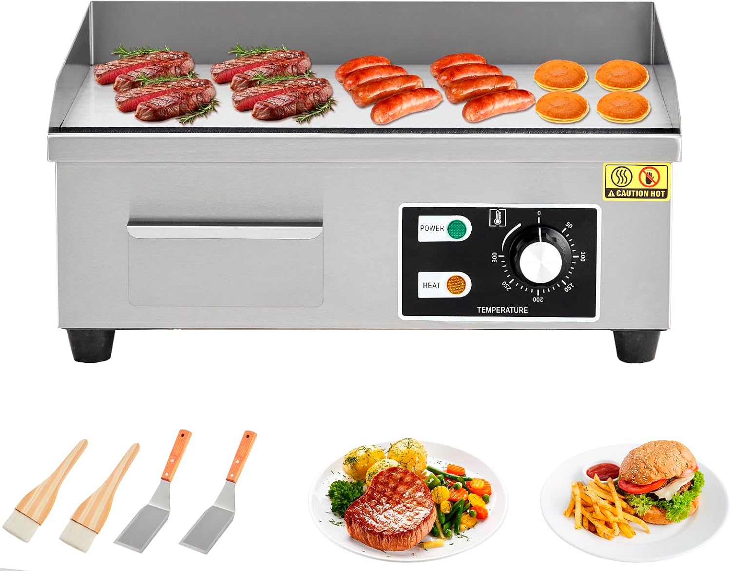 Takywep 18' Commercial Electric Griddle, Stainless Steel Countertop Griddle, Electric Flat Top Grill With Shovel Brush, Restaurant Teppanyaki Grill Cooking Equipment, Temperature Control 50°C - 300°C