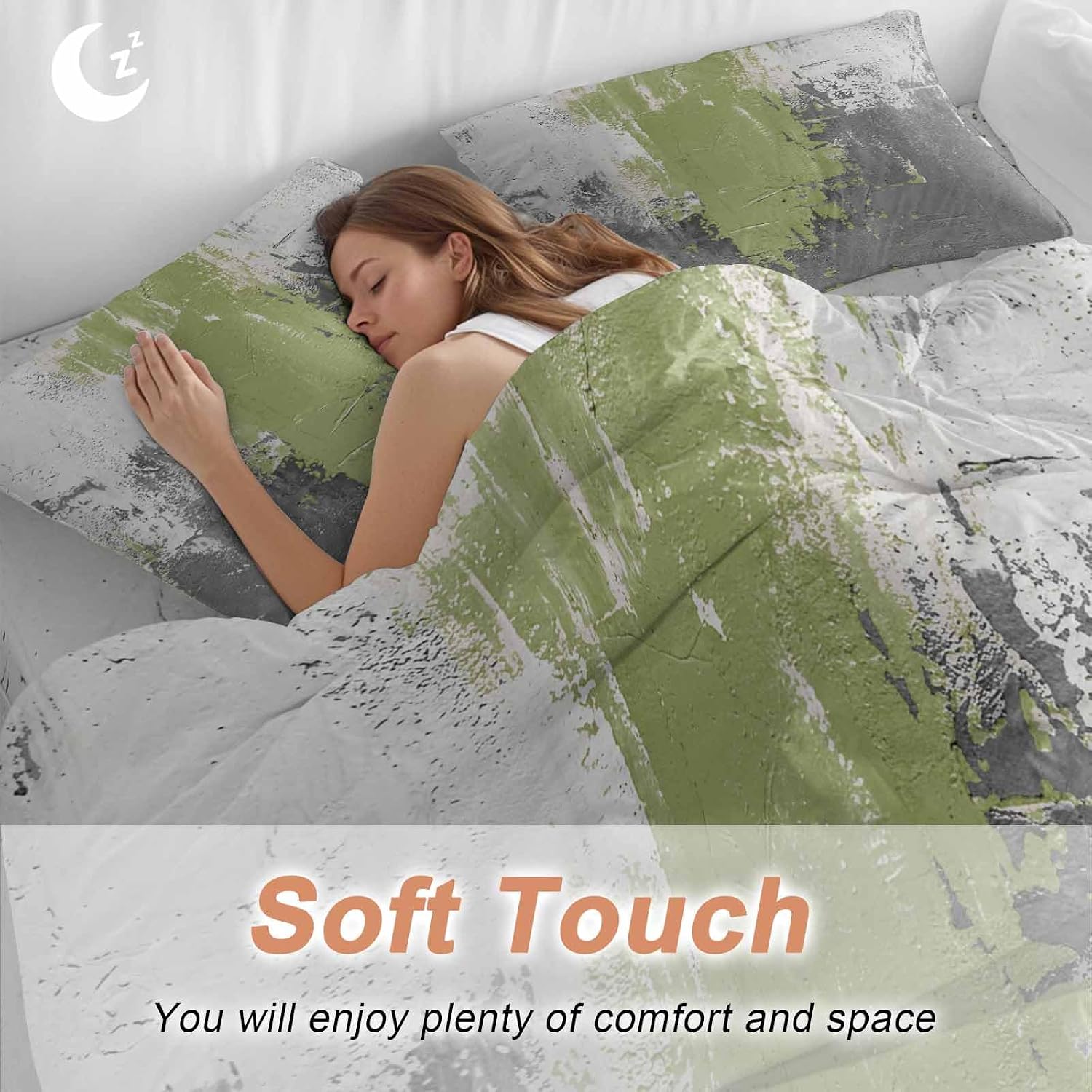 Abstract Art Duvet Cover Set Queen Size 4 Pieces Green Grey Wall Mottled Texture Minimalist Modern Bedding Set with Zipper Closure, 1 Comforter Cover 86x86 Inches 1 Flat Sheet & 2 Pillow Cases