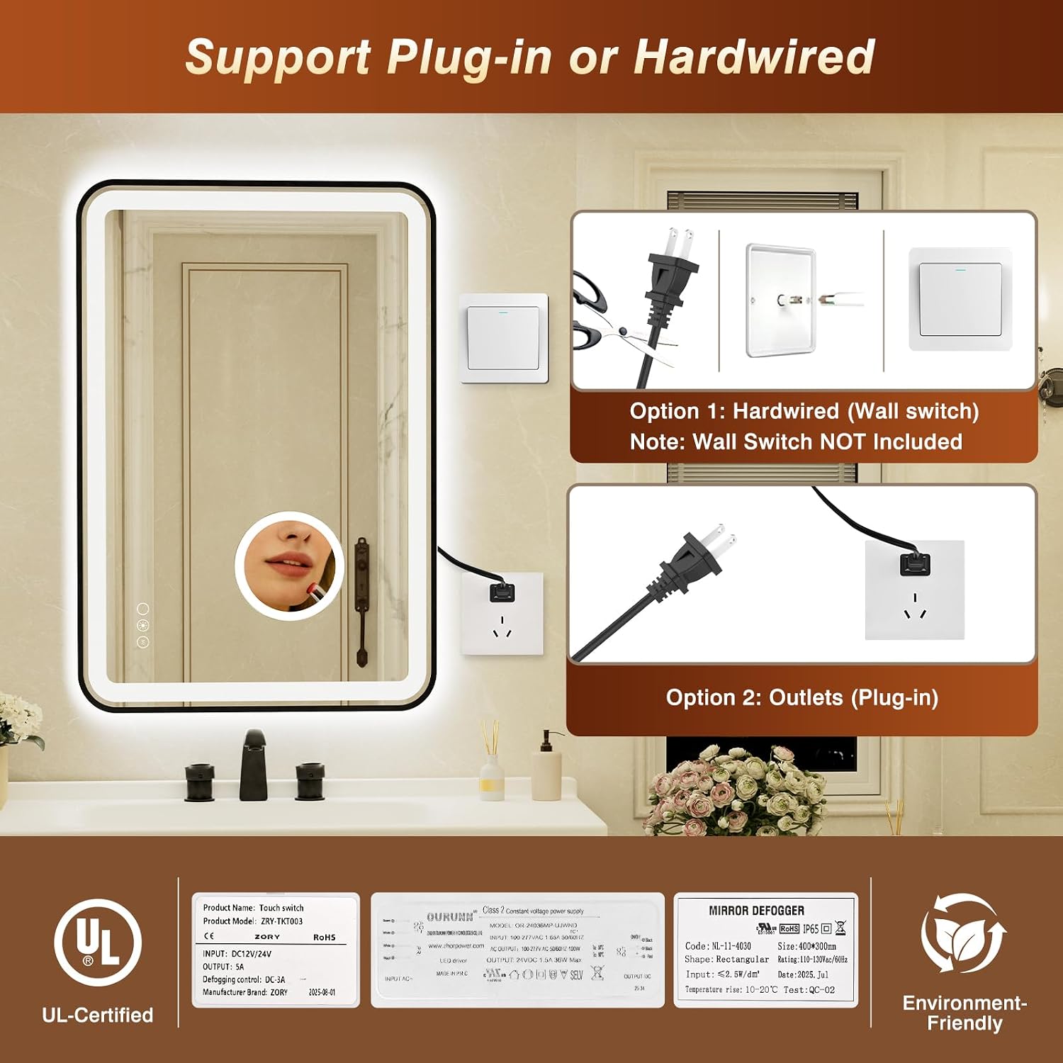 24x36 Inch Black Framed LED Bathroom Mirror with Lights,Magnifying Tempered Glass, Dimmable Lighted Bathroom Vanity Mirror with 3 Colors, Backlit + Frontlit,Anti-Fog