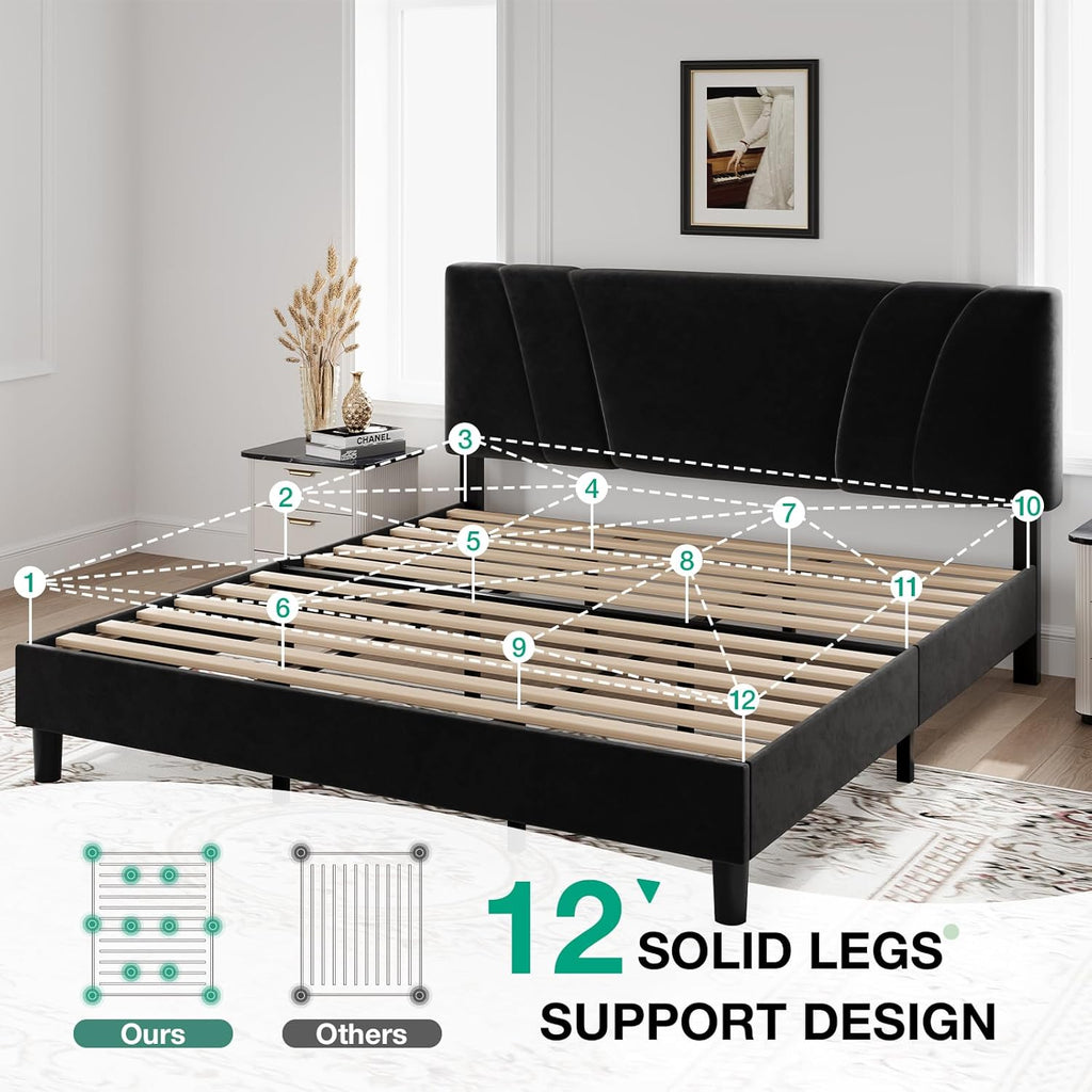 Novilla King Bed Frame and Headboard, King Bed Frame, Velvet Upholstered Bed Frames, No Box Spring Needed, Heavy Duty Feet, Easy Assembly, Black Velvet
