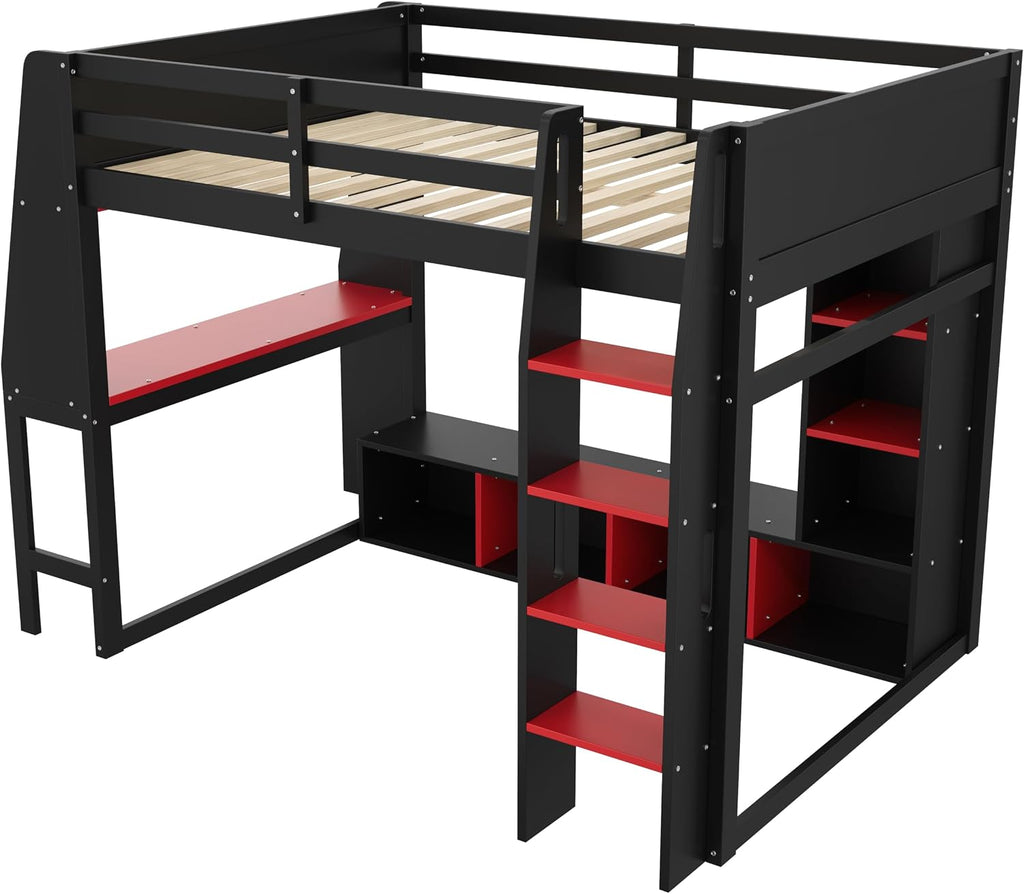 SOFTSEA Full Size Gaming Loft Bed with Desk and LED Lights, Wood Loft Bed Frame with Storage Shelves, Open Wardrobe, Full Gaming Loft Bed with Desk for Kids Teens Gamers, Red + Black