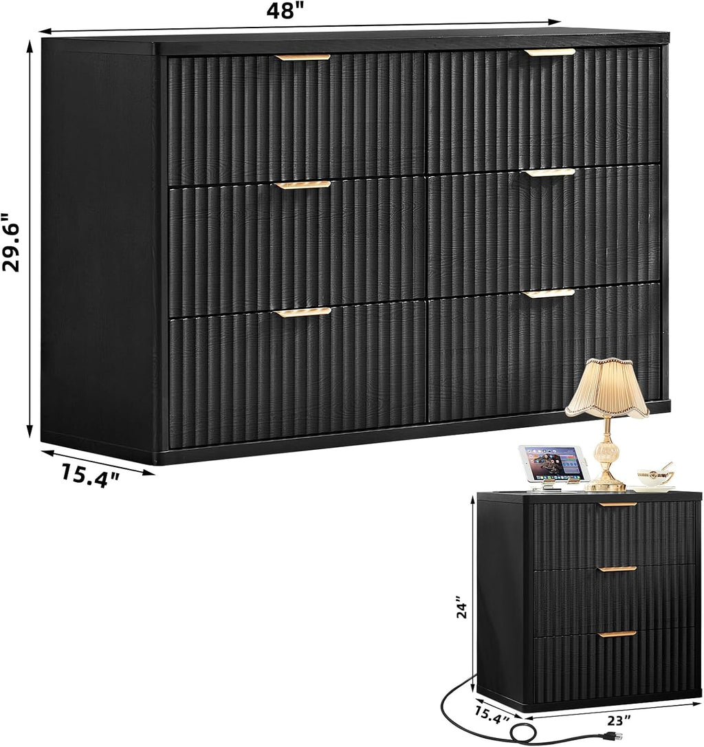 LEYAOYAO Fluted Dresser and 3 Drawers Nightstand Set of 2, Wood 48' Wide Dresser & 23' Night Stand with Charging Station, 3 Piece Bedroom Furniture Set, Chest of Drawers for Home,Living Room,Black