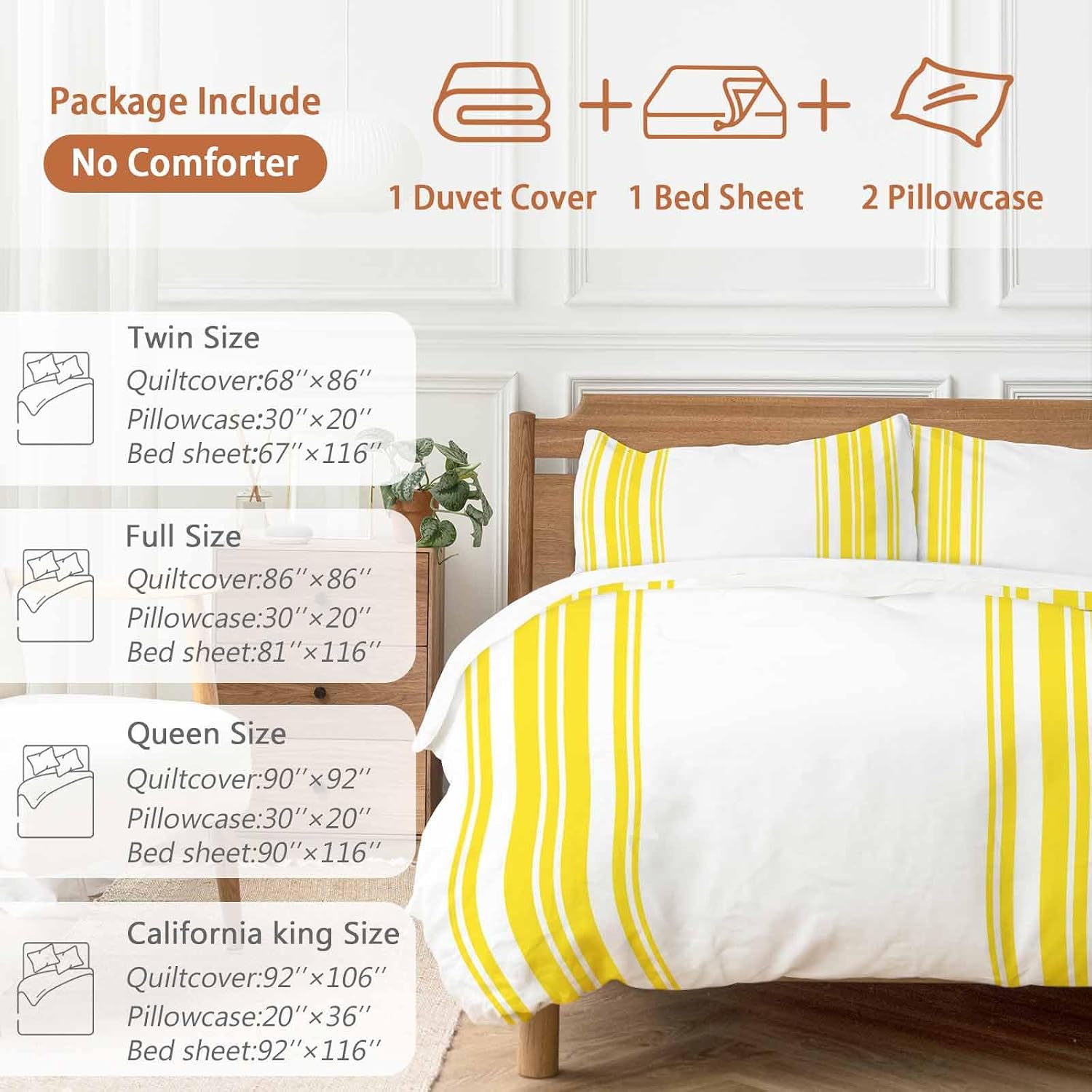 Yellow and White Striped Duvet Cover Set Queen Size 4 Pieces Modern Minimalist Vertical Lines Bedding Set with Zipper Closure, 1 Comforter Cover 92x106 Inches 1 Flat Sheet & 2 Pillow Cases