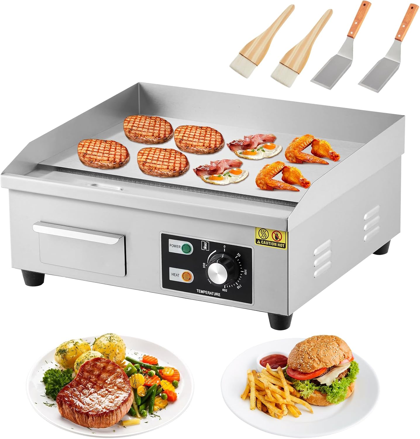 Commercial Electric Griddle, Stainless Steel Flat Top Grill With 2 Shovels, 2 Brushes, Countertop BBQ Grill Teppanyaki Griddle for Home Restaurant