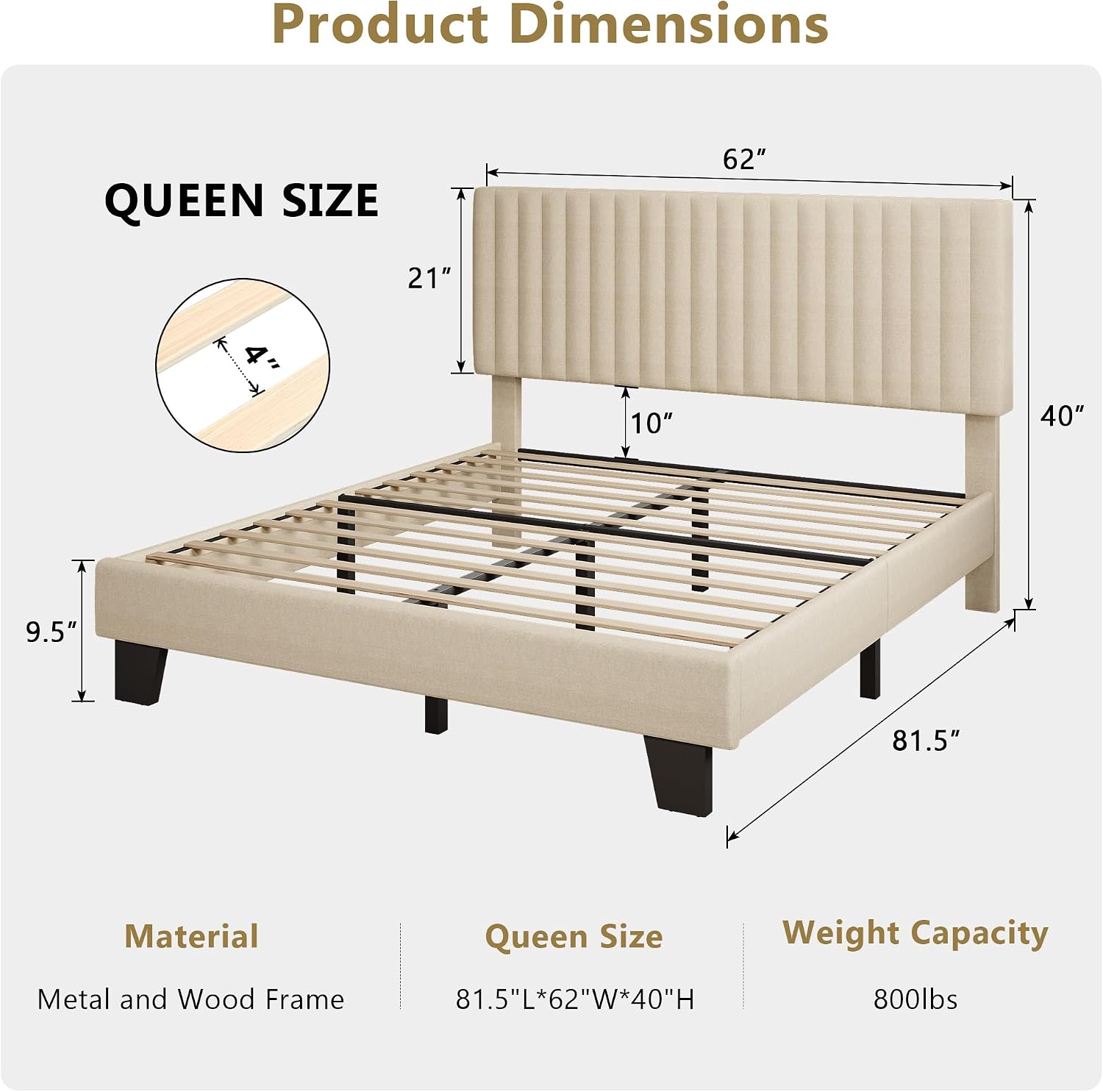 iPormis Queen Size Bed Frame, Upholstered Platform Bed with Vertical Linen Headboard, Wide Bed Legs and Strong Wood Slats Support, No Box Spring Needed, Easy Assembly, Noise Free, Beige
