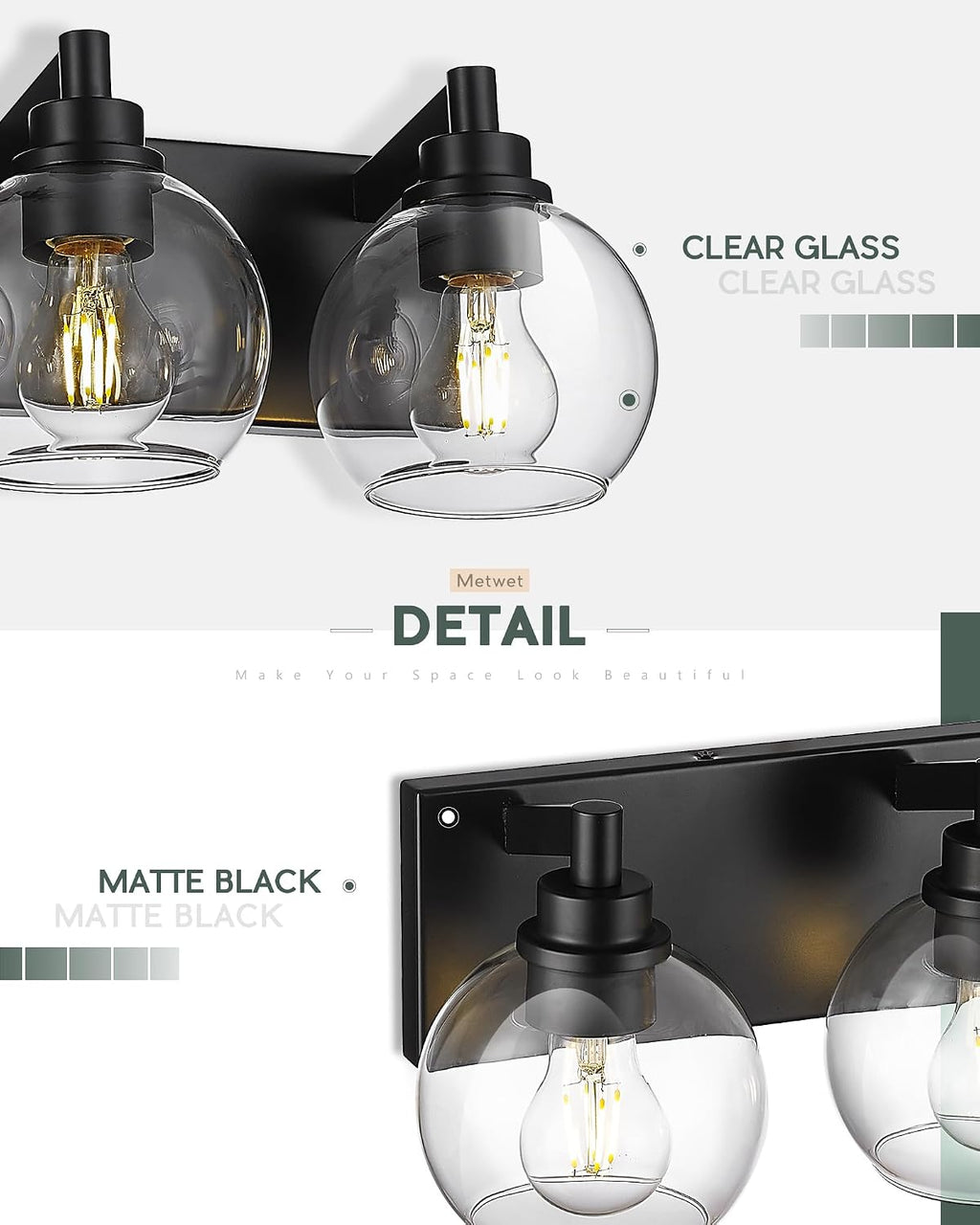 8-Light Bathroom Light Fixtures, Matte Black Vanity Light, 52 Inch Modern Wall Sconces with Globe Clear Glass Shade, Vanity Lighting Fixtures Over Mirror, VL195-MB-8
