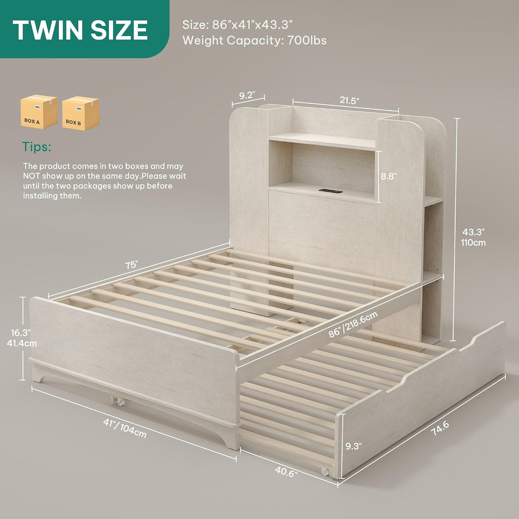 DWVO Twin Size Bed with Trundle, Bookcase Bed Frame with Storage Headboard and Charging Station, RGB LED Lights Bed with Wooden Support with Type-C, No Box Spring Needed, Noise Free, White