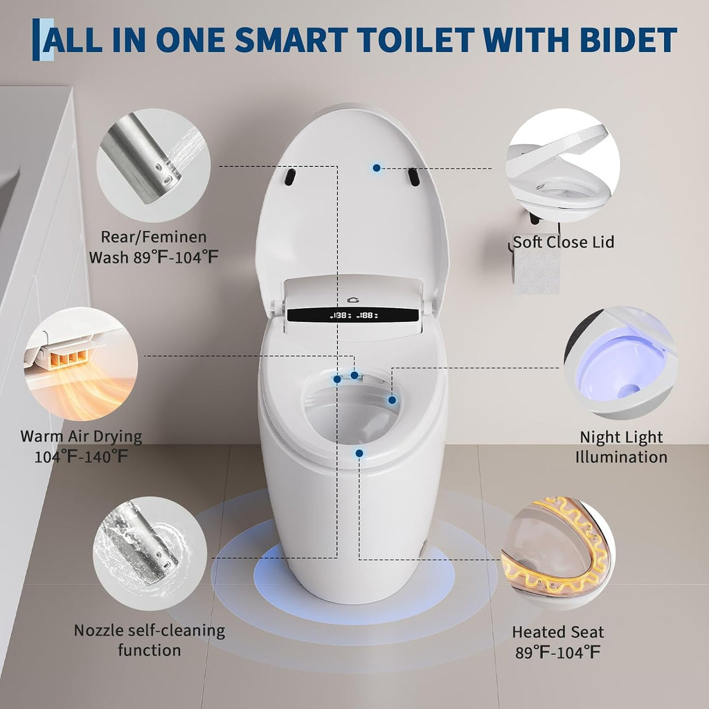 Modern Smart Toilet, One-Piece Elongated with Built-in Bidet, Heated Seat, Foot Sensor Flushing, Warm Air Dryer, Remote Control for Lid Open/Close