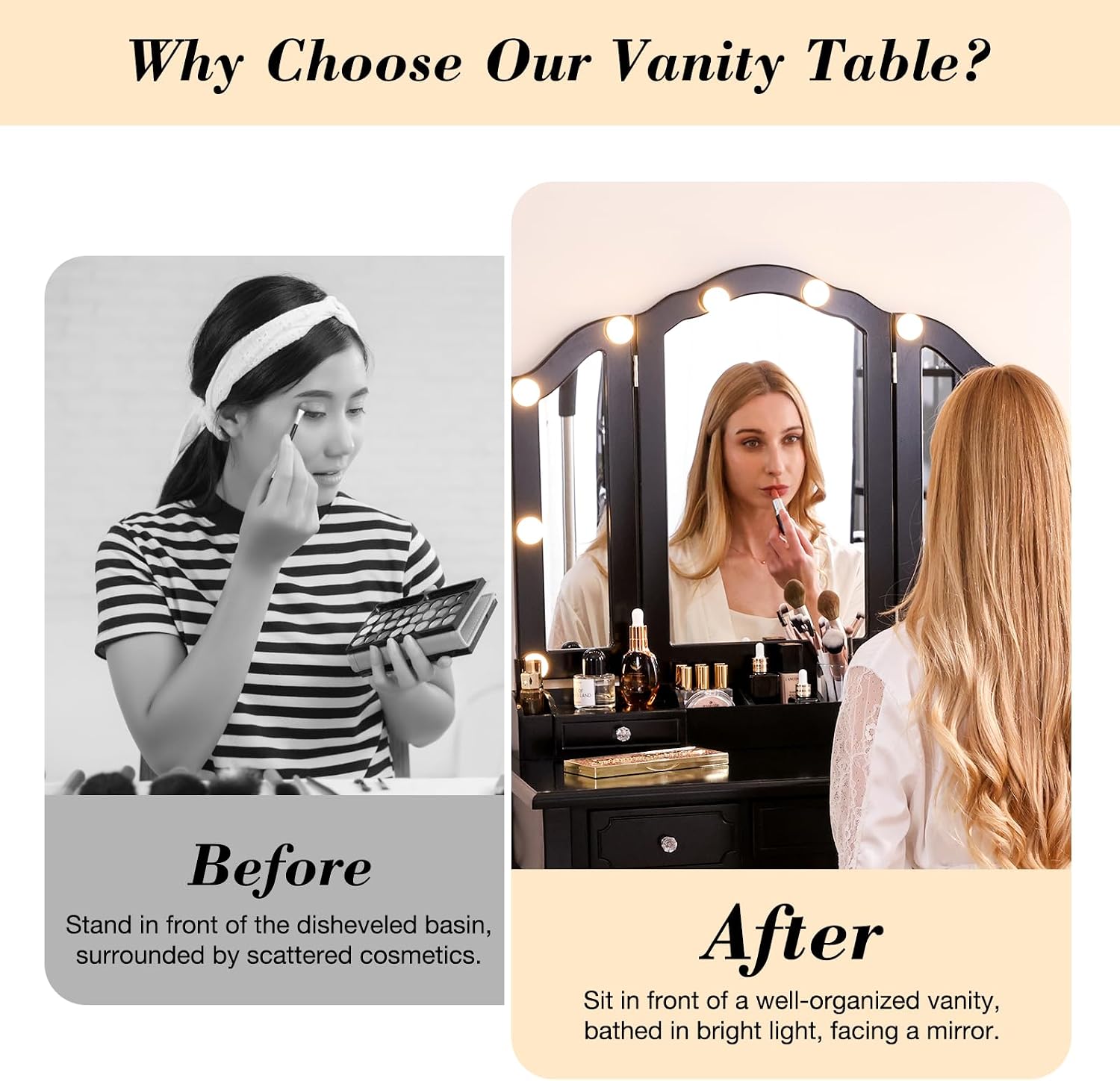 BLEXA Makeup Table Set Desk&Stool, Vanity Desk with Lights and Mirror Vanity Table Set with 5 Drawers, 3Light Settings Adjustable Brightness for Bedroom Dorm and Dressingroom(Black)