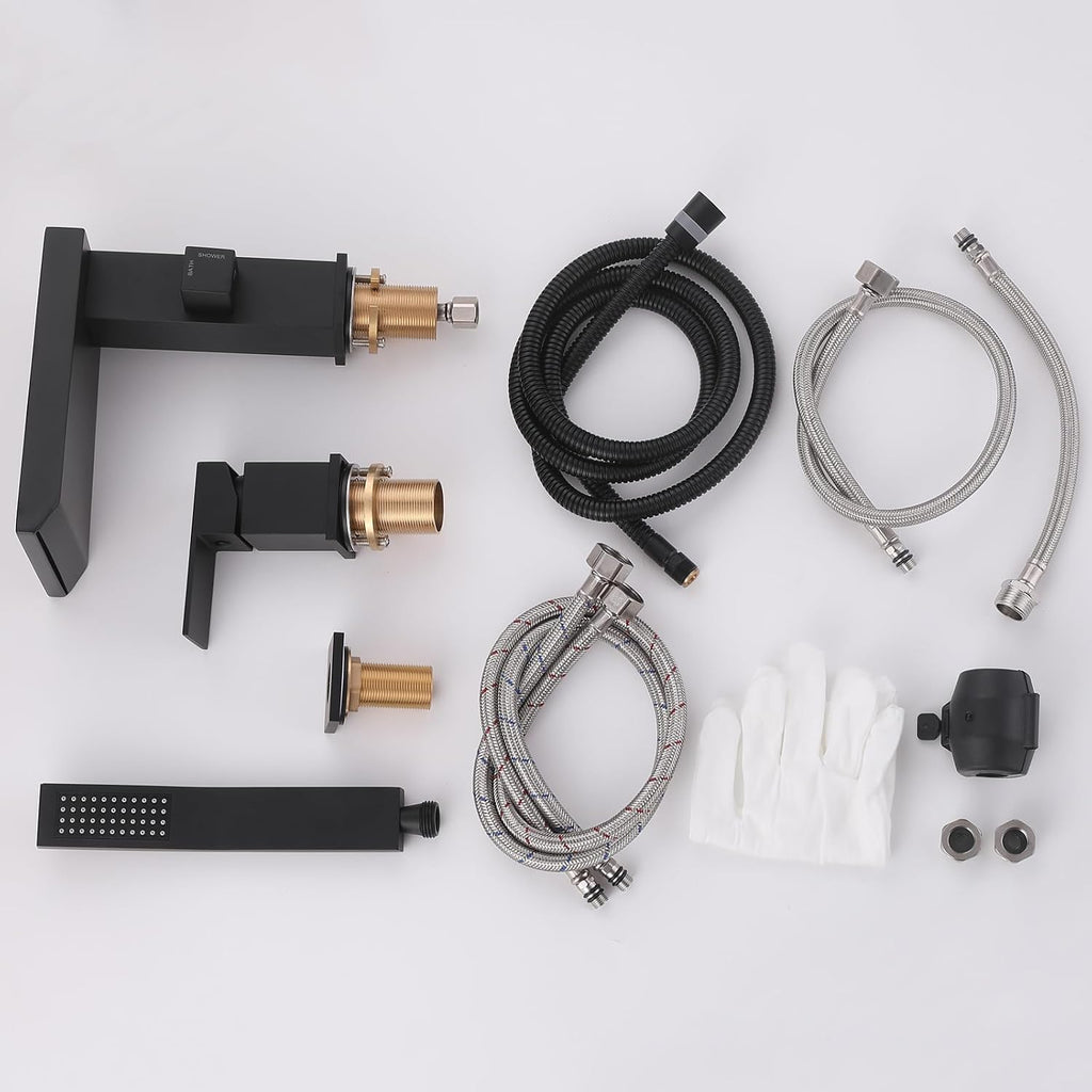 Waterfall Roman Tub Faucet with Hand Shower, Deck Mount Tub Filler Bathtub Faucet with Sprayer, Brass Widespread 3 Hole Bathtub Shower Faucet Set, Matte Black