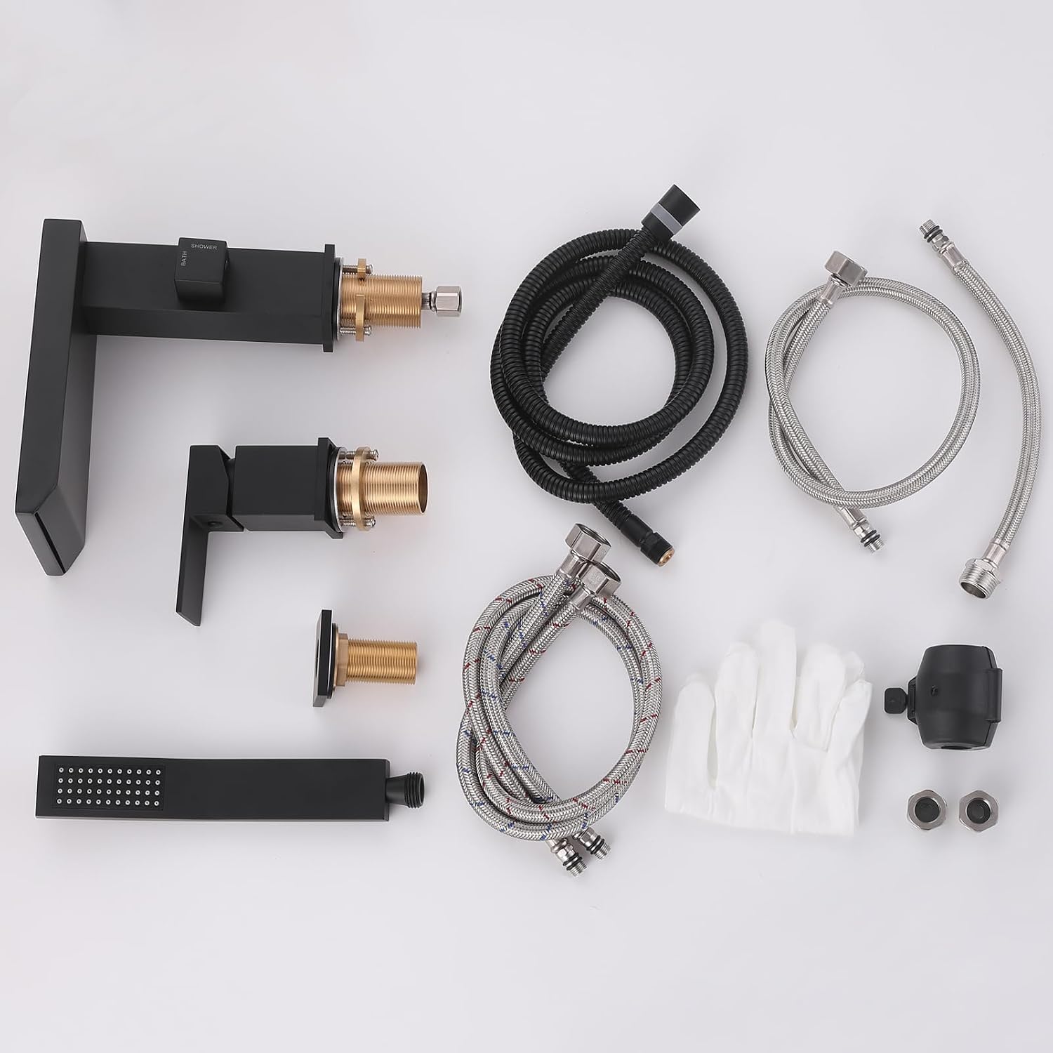 Waterfall Roman Tub Faucet with Hand Shower, Deck Mount Tub Filler Bathtub Faucet with Sprayer, Brass Widespread 3 Hole Bathtub Shower Faucet Set, Matte Black