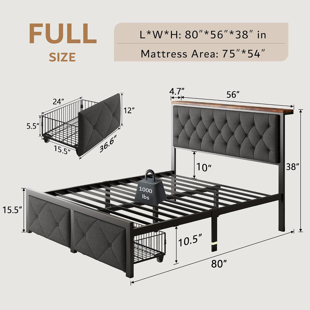 iPormis Full Bed Frame with 2 Storage Drawers, Linen Upholstered Headboard Platform Bed with Charging Station, No Box Spring Needed, Metal Slats Support, Noise-Free, Easy Assembly, Grey