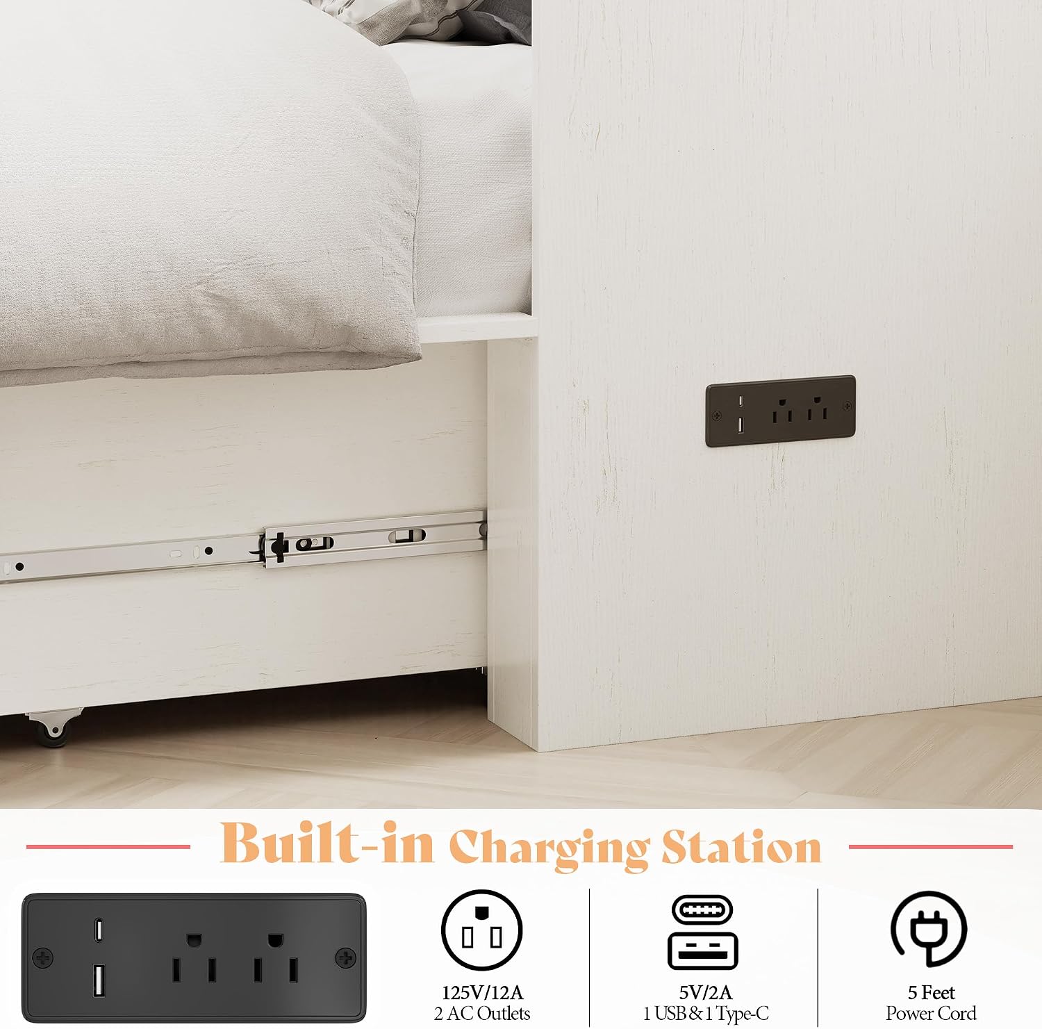 AMERLIFE Twin Murphy Bed Cabinet with Charging Station and Storage Drawer, Farmhouse Foldable Platform Bed for Home Office, Apartment, Small Spaces, Distressed White