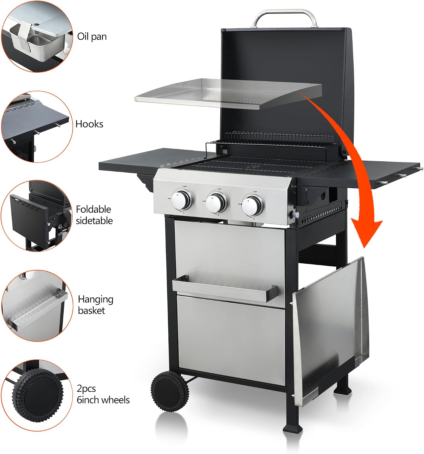 3-Burner Propane Gas BBQ Grill with SS Plancha, 36,900BTU Output with Hanging Basket, Barbecue Grill with Fixed Side Shelf, Foldable Side Tables, Wire Enamel Cooking Grids for Outdoor Backyard Party