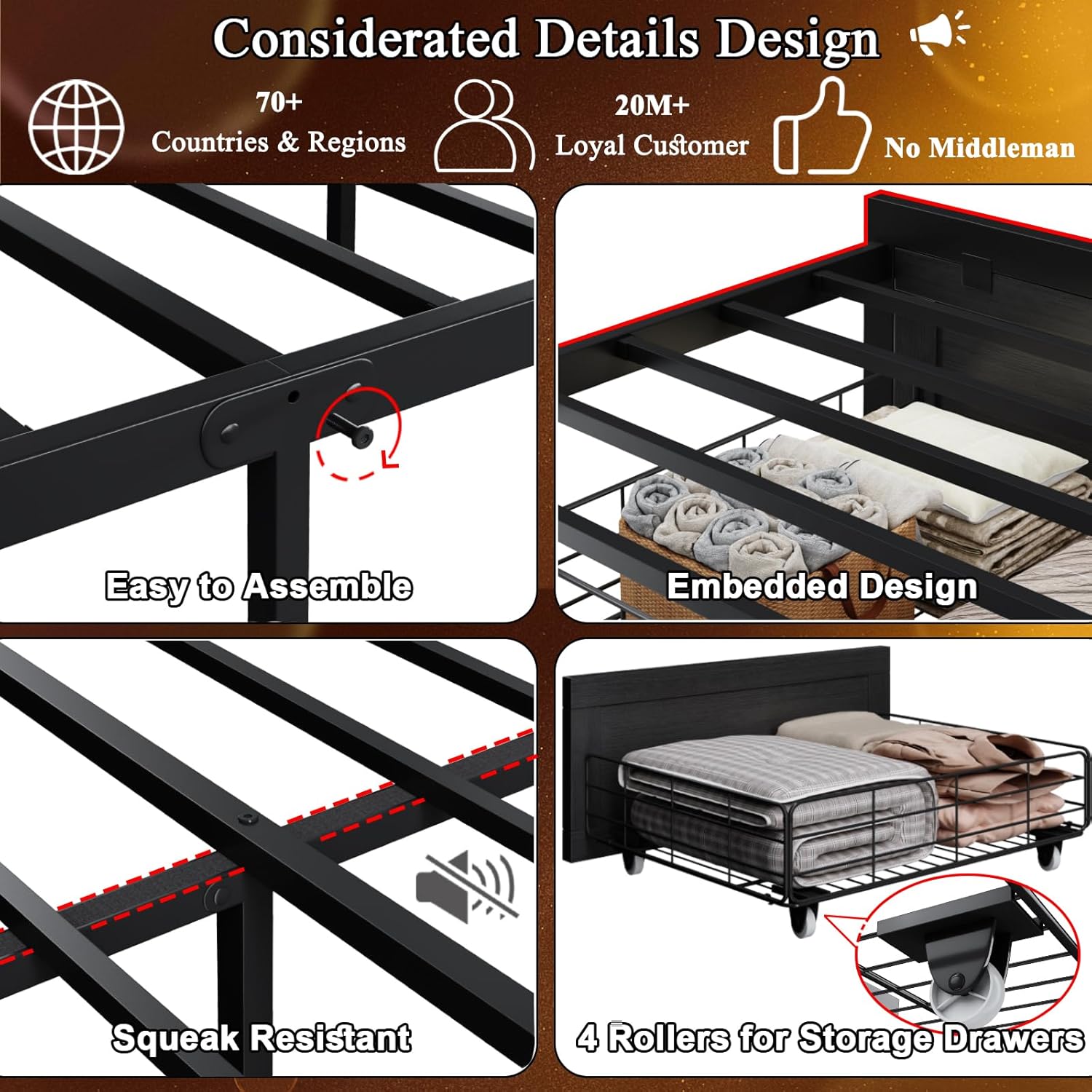 Full Bed Frame with Storage Headboard, Farmhouse Platform Bed Frame with Bookshelf, Drawers, LED Lights and Charging Station, Metal Slats Support, Noise Free, No Box Spring Needed, Black