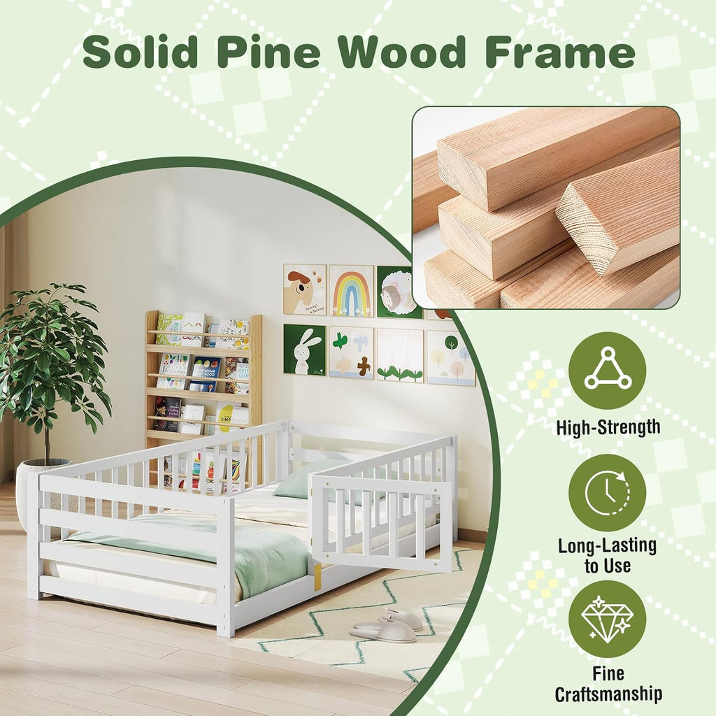 KOMFOTT Twin Size Wood Floor Bed with Door & 21.5' Fence, Montessori Bed Frame with Full Length Safety Guardrails, Door & Latch, Wooden Montessori Floor Bed for Kids, Girls, Boys