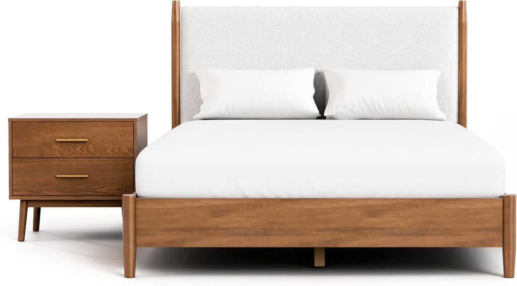 Furniture of America Wyatt Modern 2-Piece Solid Wood Bedroom Collection, Platform Frame with Upholstered Headboard and 2-Drawer Nightstand, No Box Spring Required for Home, Guest Room, Walnut, Full