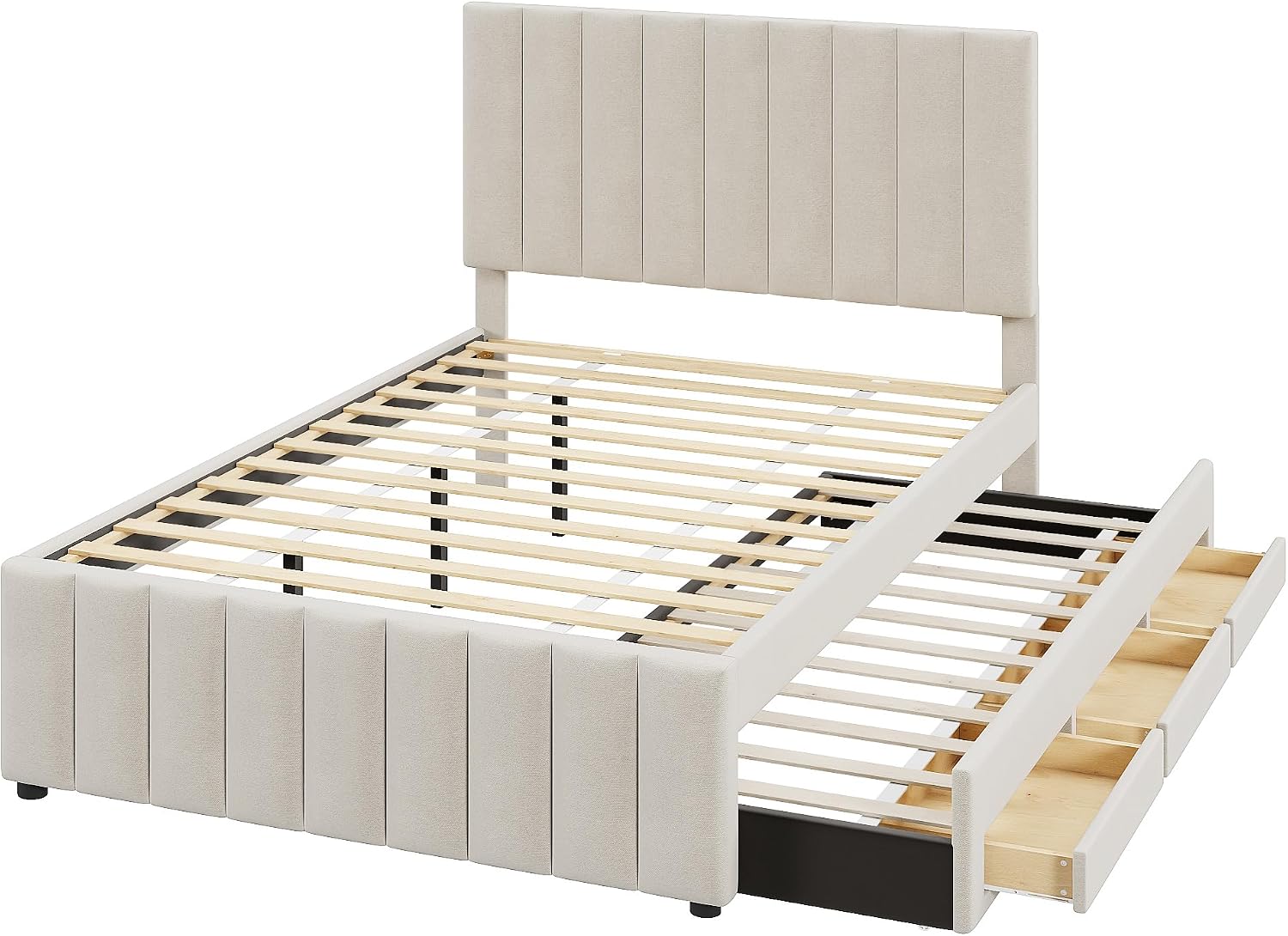 Merax Full Size Upholstered Platform Bed with Trundle and 3 Storage Drawers, Full Bed Frame & Tall Stripe Headboard for Bedroom, Solid Wood Slats Support, No Box Spring Needed, Easy Assembly, Beige