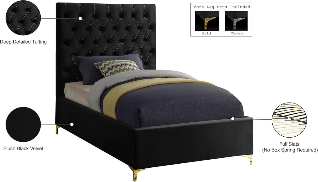 Meridian Furniture Cruz Collection Modern | Contemporary Velvet Upholstered Bed with Deep Button Tufting and Complete Sets of Gold and Chrome Legs Included, Twin, Black