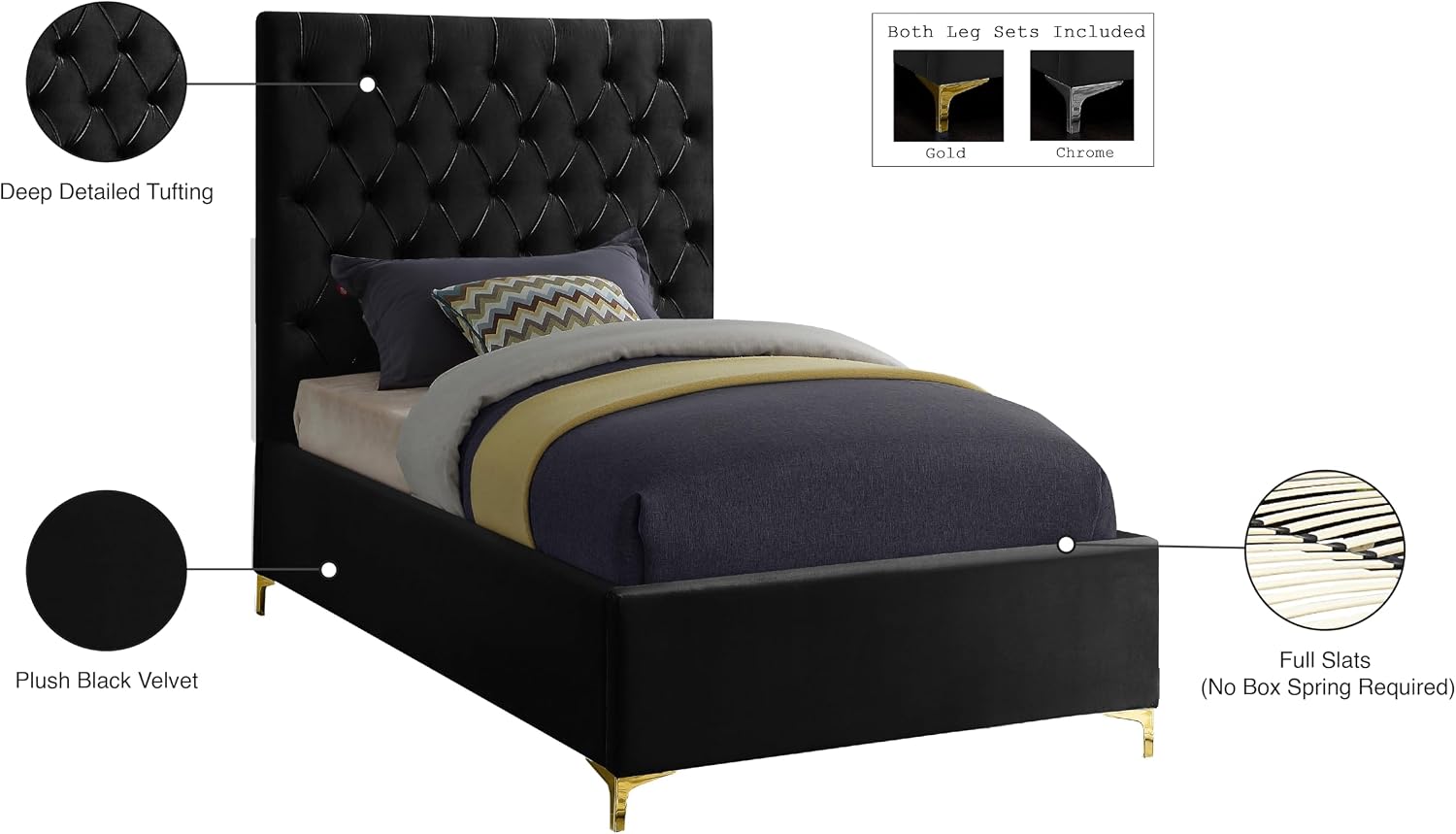 Meridian Furniture Cruz Collection Modern | Contemporary Velvet Upholstered Bed with Deep Button Tufting and Complete Sets of Gold and Chrome Legs Included, Twin, Black