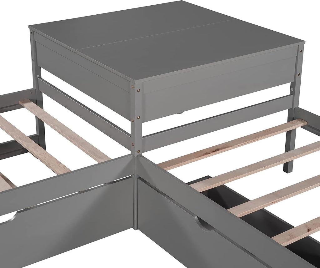 Merax Storage Daybed with Trundle, Twin Size L-Shaped Platform Bed with Convertible Trundle, Two Drawers and Built-in Desk for Living Room, Bedroom, Guest Room, No Box Spring Needed (Grey)