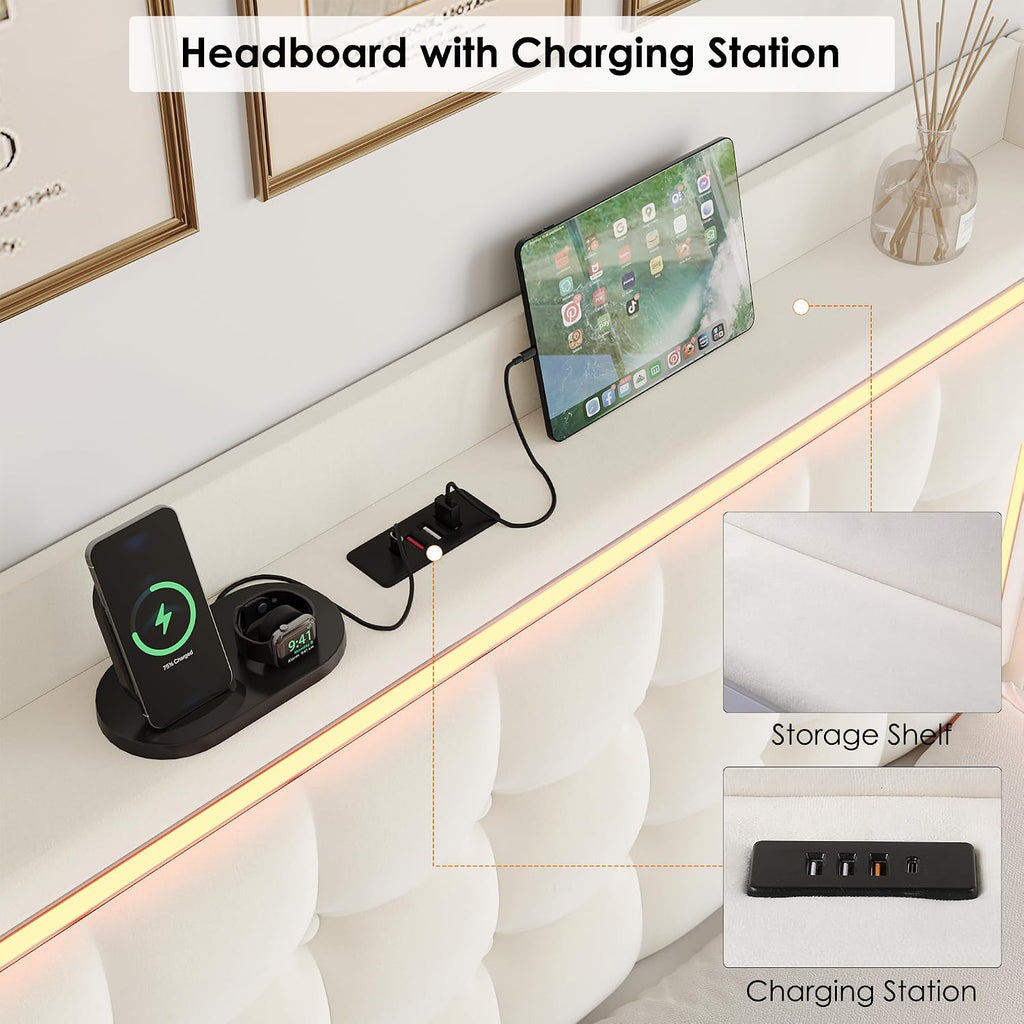 Keyluv Upholstered Twin Floating Bed Frame with RGB LED Lights and Charging Station, Velvet Platform Bed with Button Tufted Storage Headboard, Type-C & USB Charging Ports, No Box Spring Needed, Beige