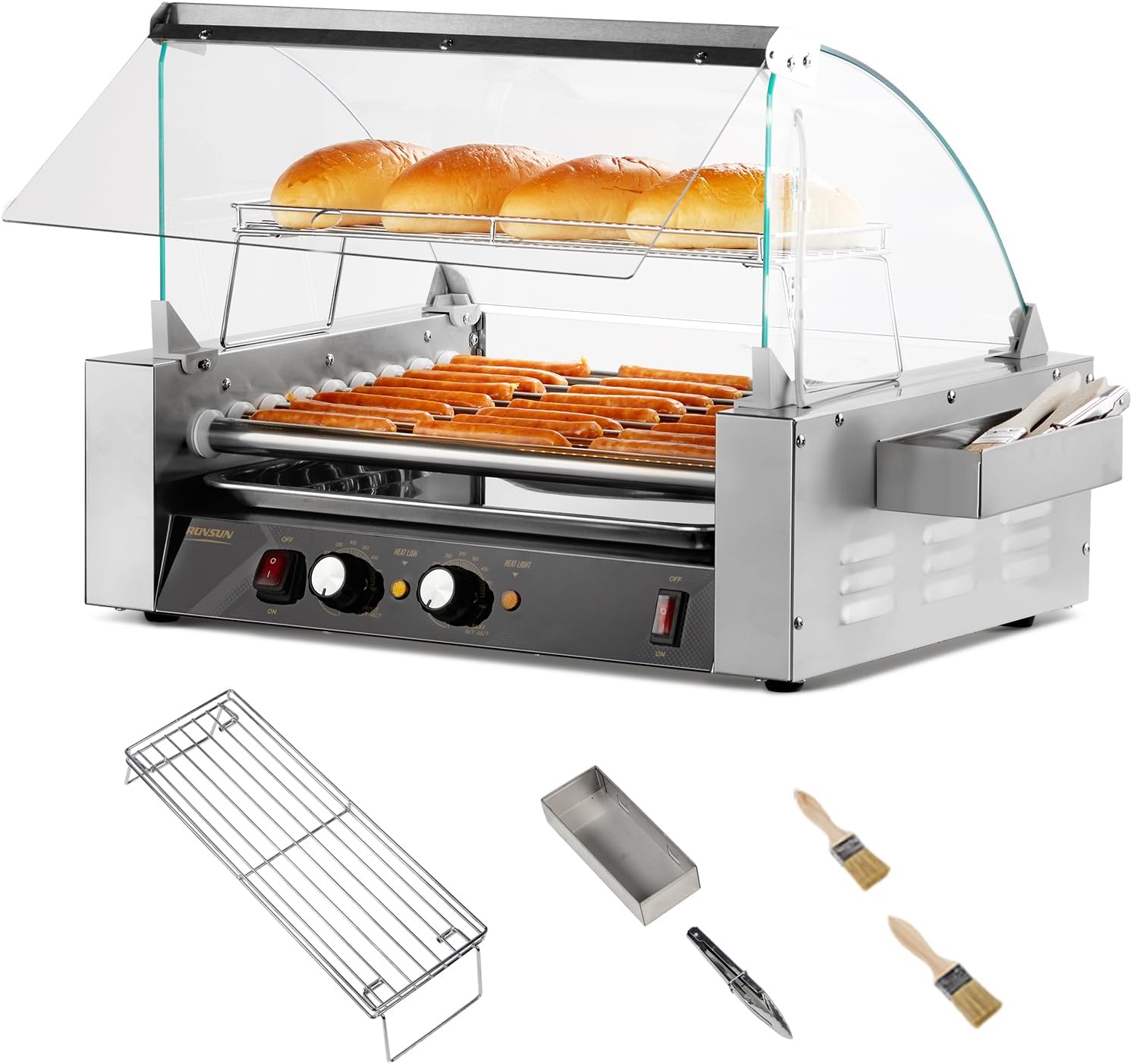 ROVSUN Hot Dog Roller, 24 Hot Dog 9 Rollers ETL Certified, Hot Dog Machine Sausage Grill Cooker with Dual Temp Control, Glass Cover, LED, Side Storage Box, Shelf & Drip Tray for Home Commercial 1350W