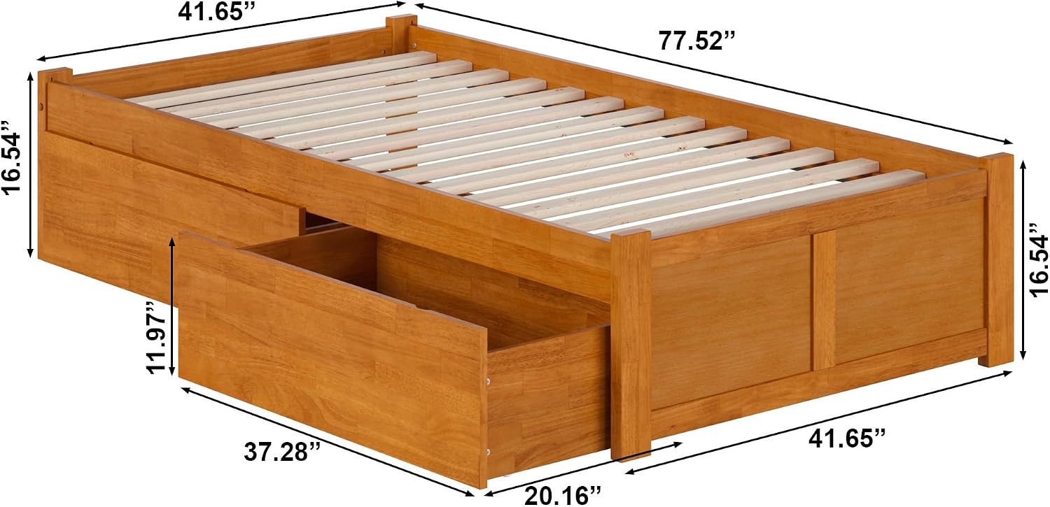 AFI Concord Twin Solid Wood Platform Bed with Footboard & Storage Drawers in Light Toffee