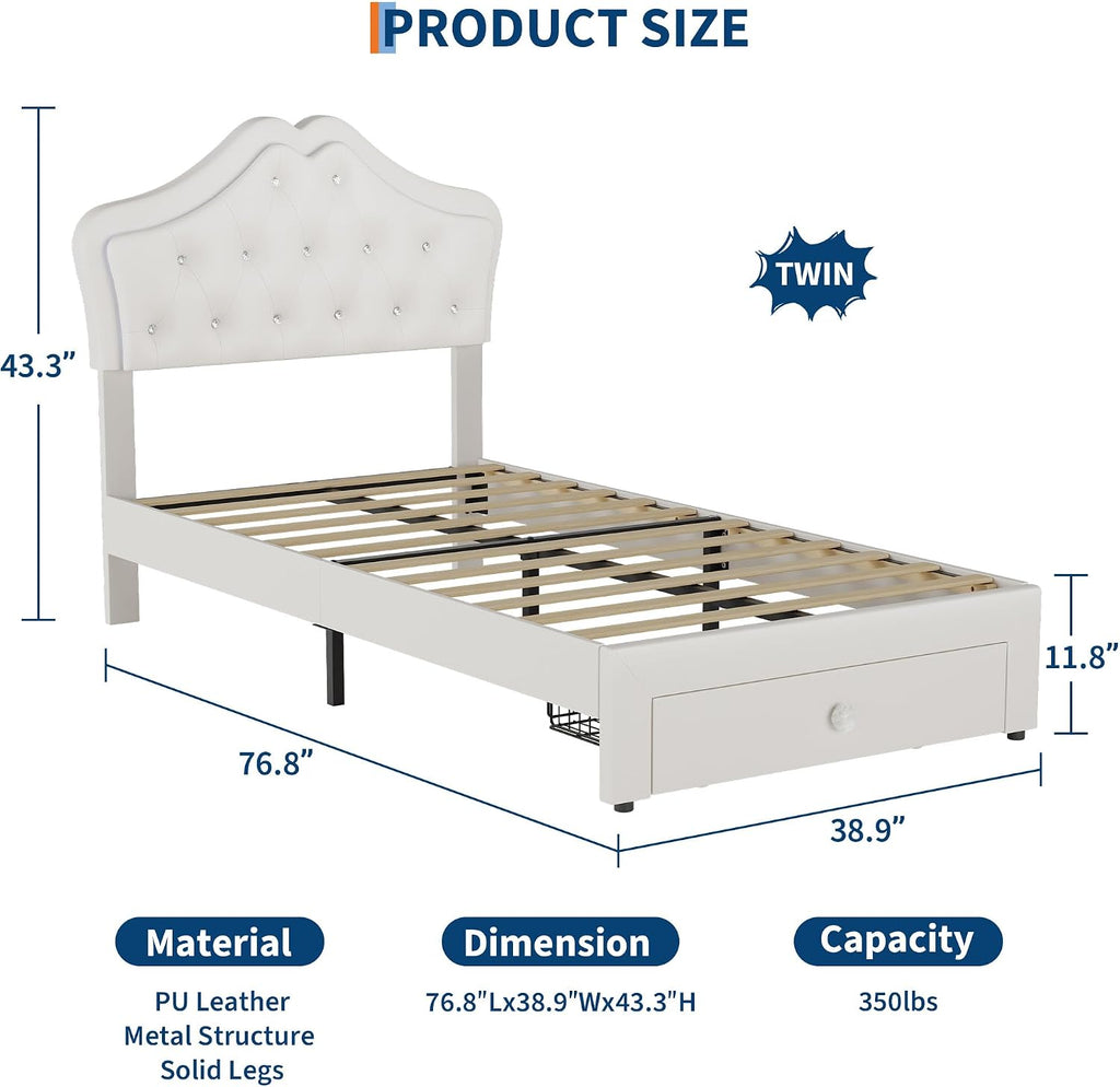 Garvee Twin Size Bed Frame with LED Lights & Velvet Crystal Button Headboard, Upholstered Boy/Girl Platform Bed with Storage Drawer, Noise Free, No Box Spring Needed for Kids, Teens, Beige