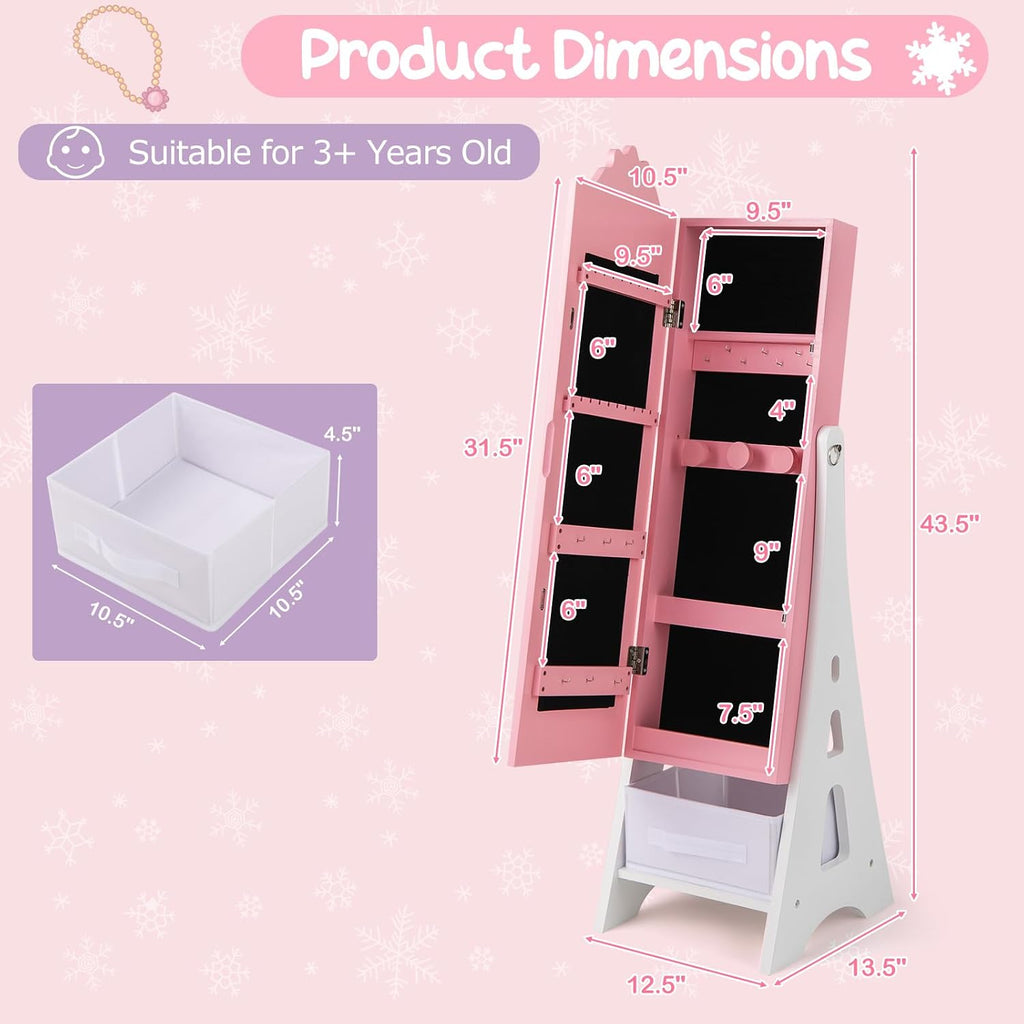 Costzon Kids Vanity & Jewelry Armoire Cabinet, Kids Vanity Table and Chair Set, Standing Jewelry Organizer with Full-Length Mirror, Kids Bedroom Furniture Set for Girls, Snowflake Print (Pink)