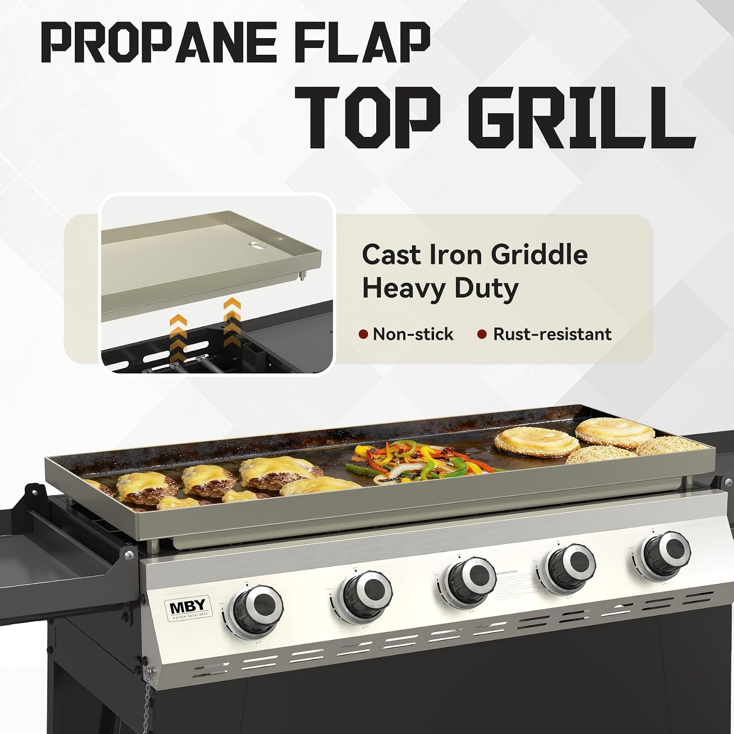 5 Burner Propane Grill with Rainproof Cover 36inch Outdoor Flat Top Griddle Foldable Side Table for Backyards Barbecue