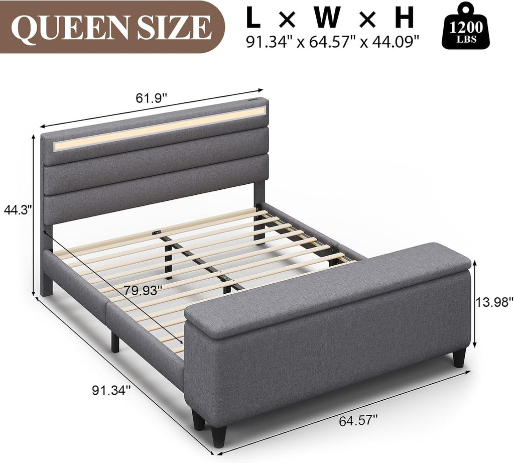 E-Motie Queen Size Bed Frame with Ottoman Storage, Upholstered Platform Bed with Headboard, LED Light & Charging Station, Solid Wooden Slats Support, No Box Spring Needed, Easy Assembly, Grey