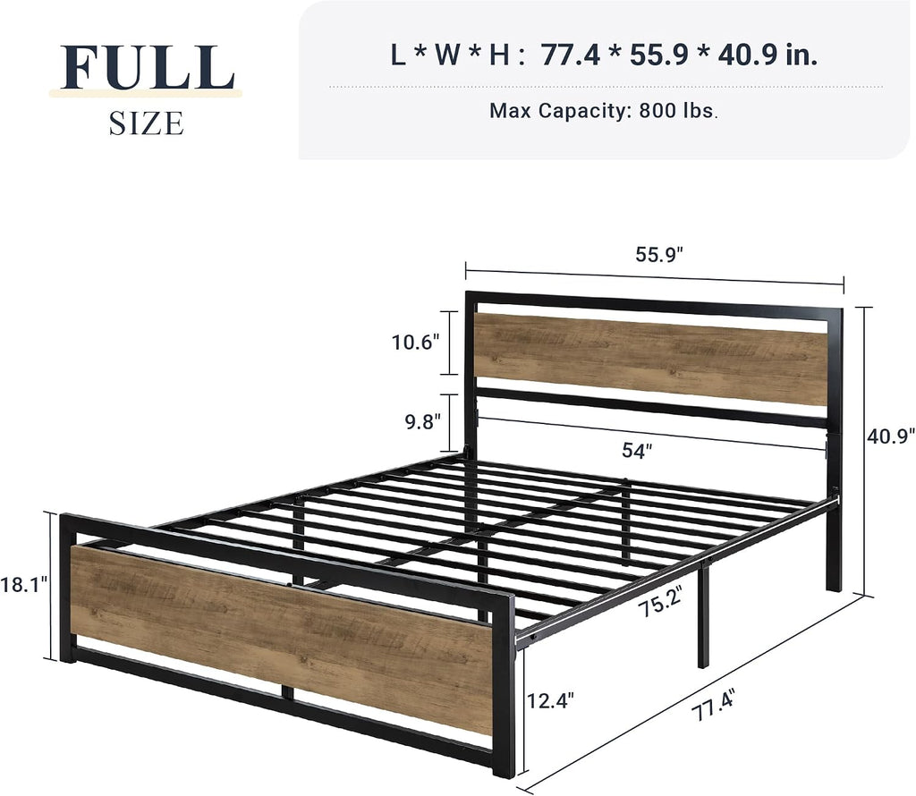 Allewie Full Bed Frame with Headboard, Heavy Duty Metal Platform Base with Strong Support, Underneath Storage Space, Stable Mattress Foundation, No Box Spring Needed, Brown